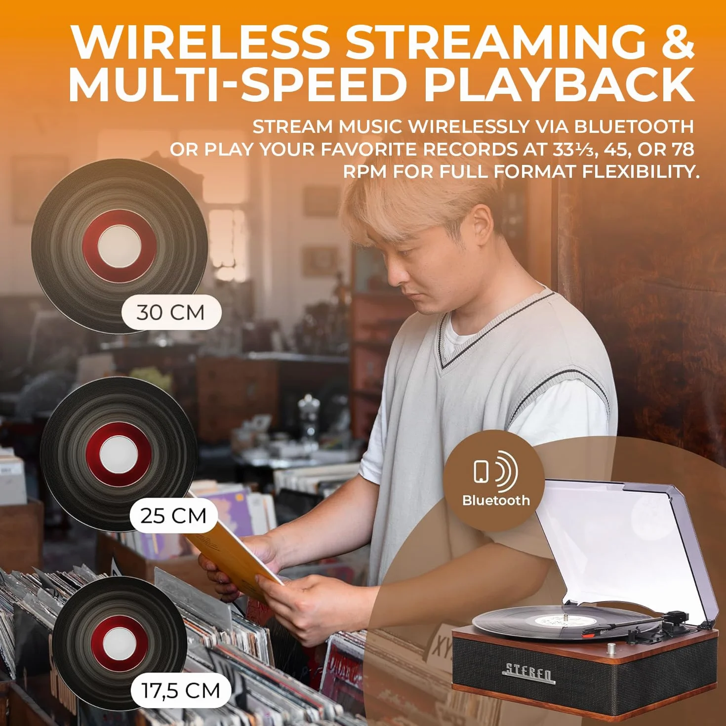 Gramofon retro z Bluetooth i wbudowanymi głośnikami – Denver VPB‑262 Multi-Speed Turntable Music System (33, 45/78 obr./min) z funkcją Line‑Out i AutoStop
