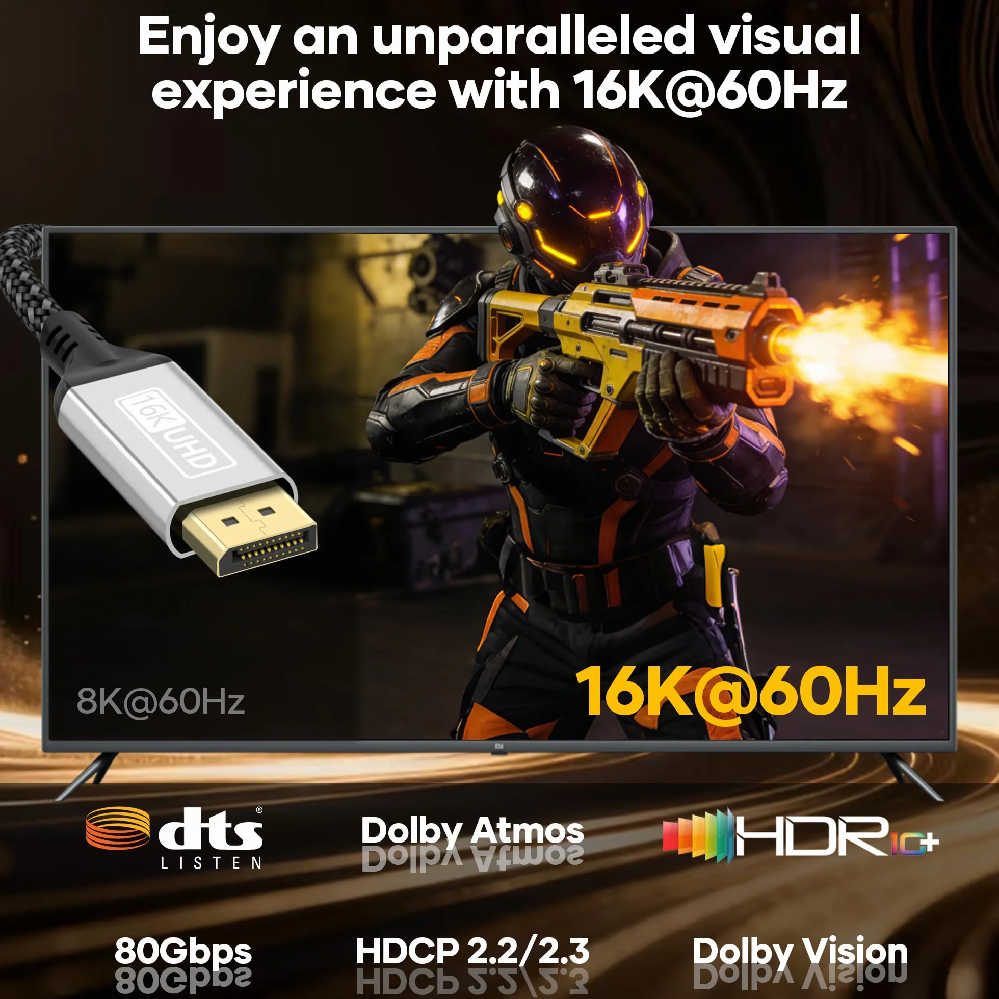 Kabel DisplayPort 2.1 3 m DP 16K 60 Hz 8K 120 Hz 4K 240 Hz HDR FreeSync G-Sync