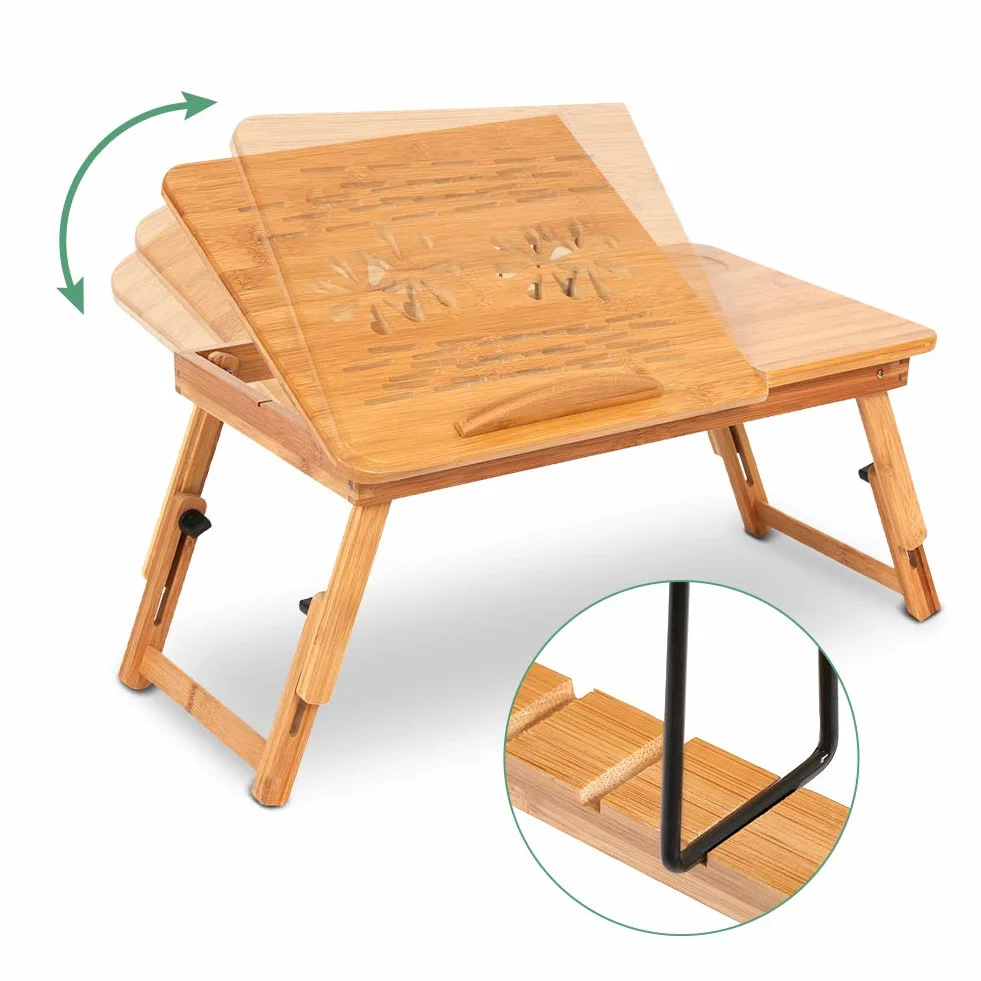 Laptoptisch Beistelltisch Bambus mit Schublade Höhenverstellbar (53-58,8) x 29.7 cm