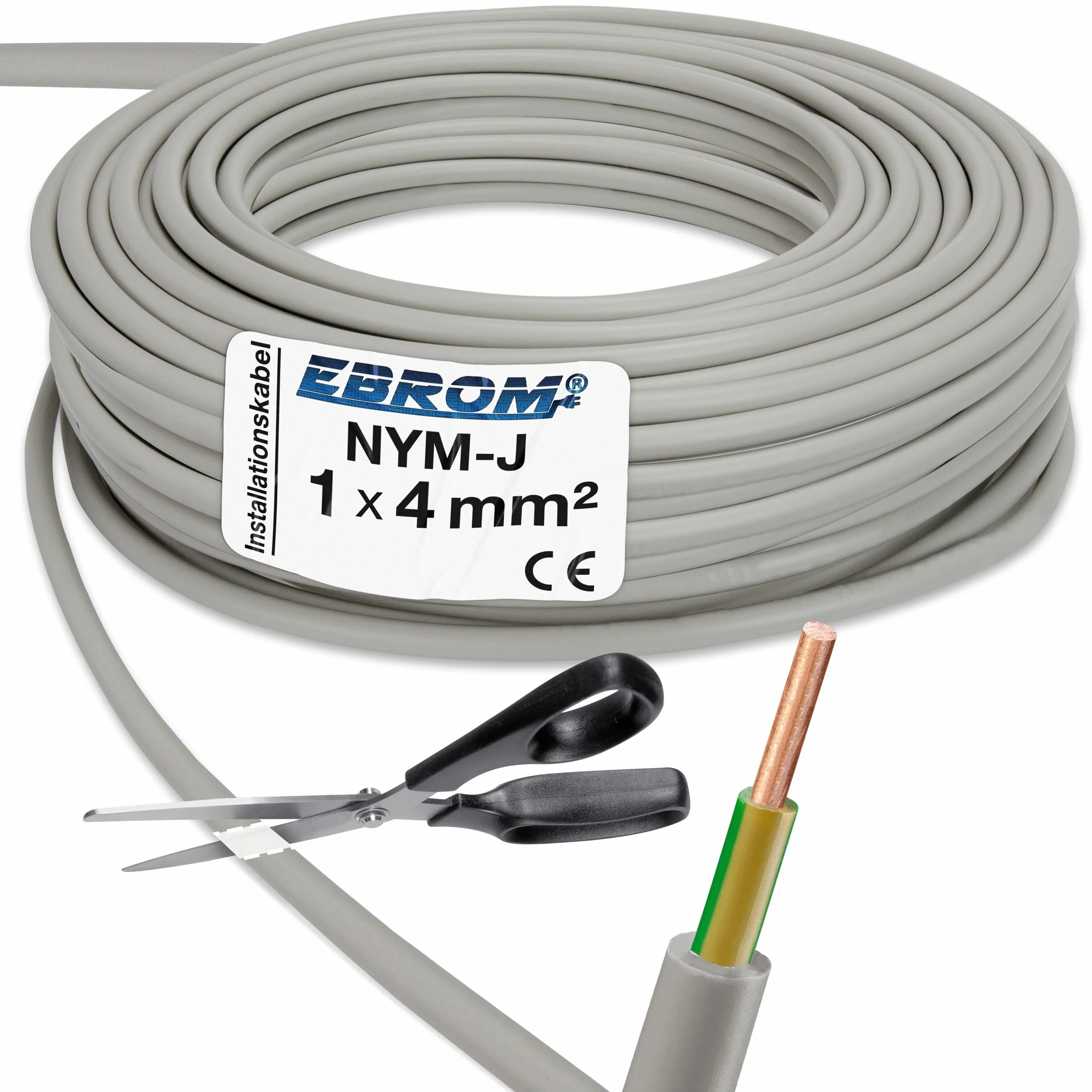 Przewód płaszczowy, przewód uziemiający, szary, NYM-J 1 x 4 mm² (mm2), towar sprzedawany na metry z dokładnością do metra, bezpłatna wysyłka – wybór w odstępach 1 metra – na przykład: 20 m – 25 m – 35 m – 50 m itd.