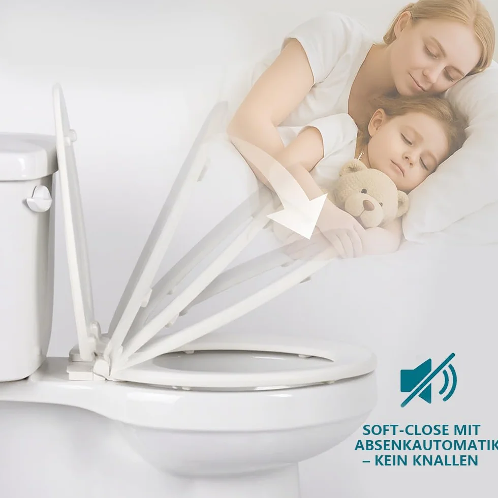 Deska sedesowa z drewnianym rdzeniem, kolor biały matowy – Soft-Touch i ultra gładka (bez skórki pomarańczowej), wolnoopadająca i szybkie zapięcie (Easy-Clean), kształt O, rozstaw otworów 155 mm