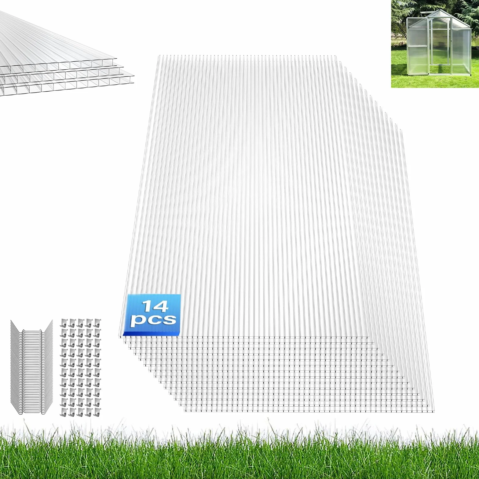 Aufun Poliwęglanowe przezroczyste płyty komorowe do szklarni, płyty ścienne, płyty szklarniowe, 14 sztuk, 605 x 1210 x 4 mm, 10,25 m²