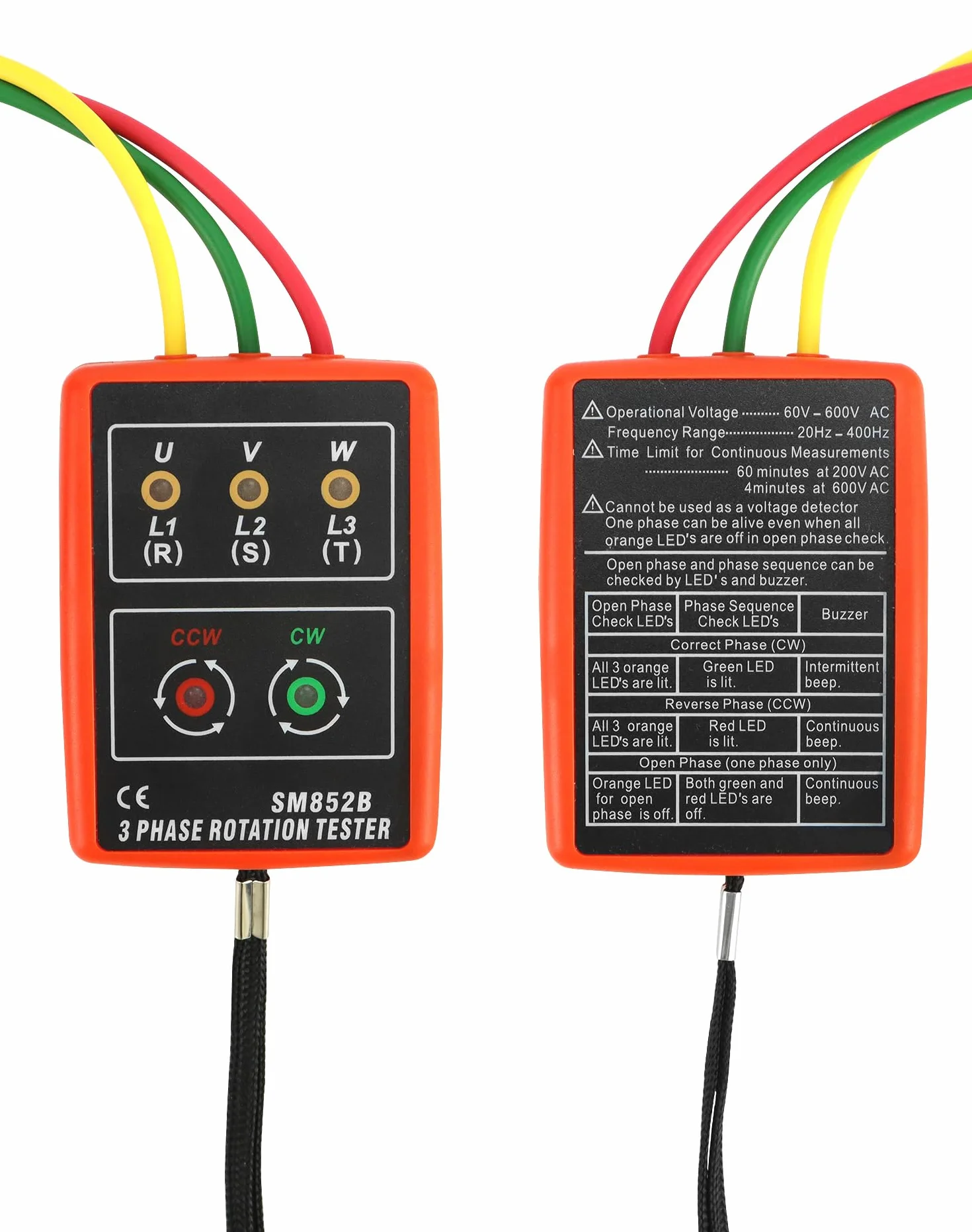 QWORK® Tester fazowy 3-fazowy miernik kąta obrotowego, 60 V ~ 600 V AC, 20-400 Hz, z testerem brzęczyka i zaciskami krokodylkowymi