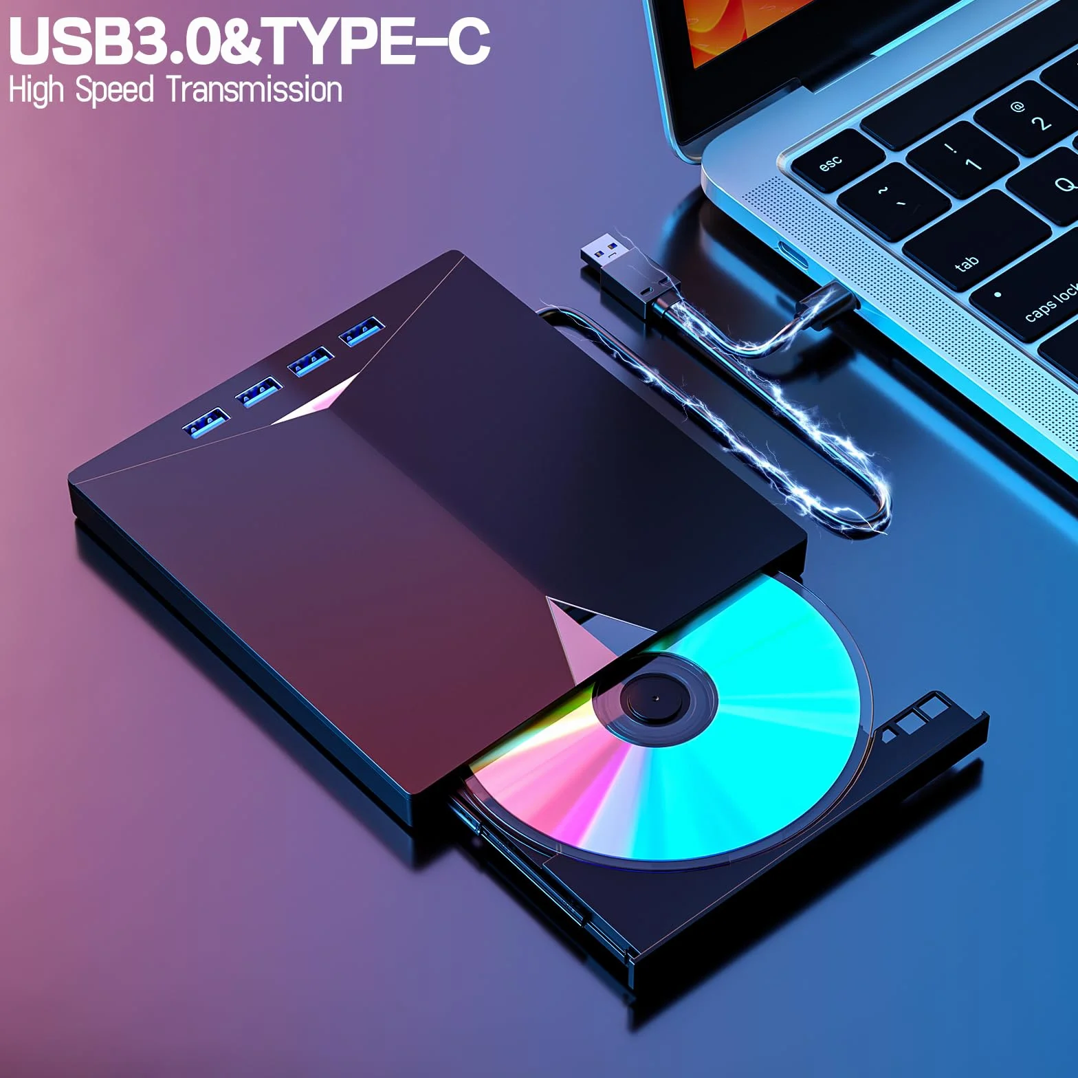 Przenośny odtwarzacz DVD CD USB 3.0 Typ C z gniazdem kart SD/TF do PC Laptop