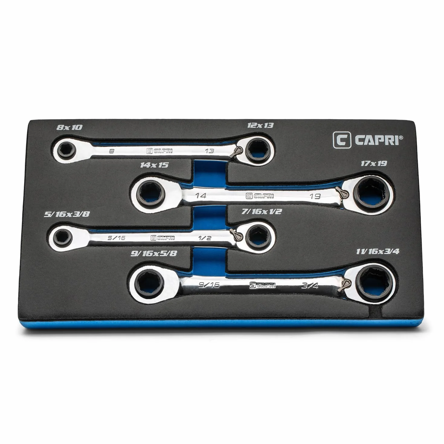 Capri Tools Zestaw dwustronnych kluczy grzechotkowych 4 w 1 120 zębów, metryczny i SAE, 4-częściowy z 16 rozmiarami