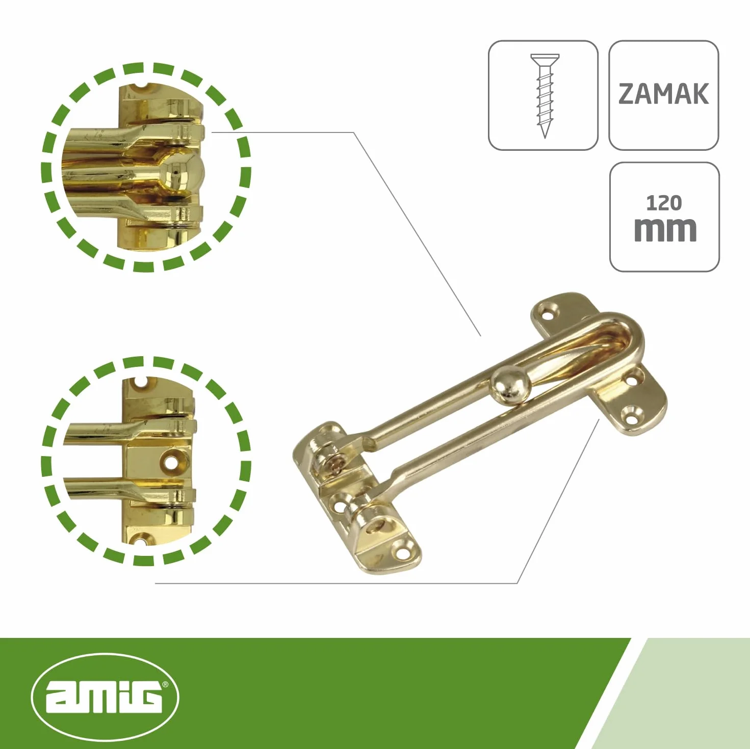 Amig - Łańcuch bezpieczeństwa do drzwi model 2 | długość drążka: 120 mm | uchwyt wrzutowy do drzwi wejściowych | solidne zamknięcie dzięki bocznemu drążkowi | Zamak mosiądz lakierowany