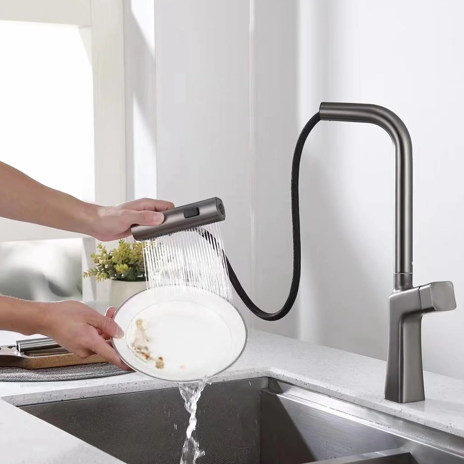 Bateria kuchenna Waterfall z wyciąganą wylewką, bateria kuchenna z pojedynczym uchwytem, bateria kuchenna High Arc Gun Gray Kitchen Mixer Tap