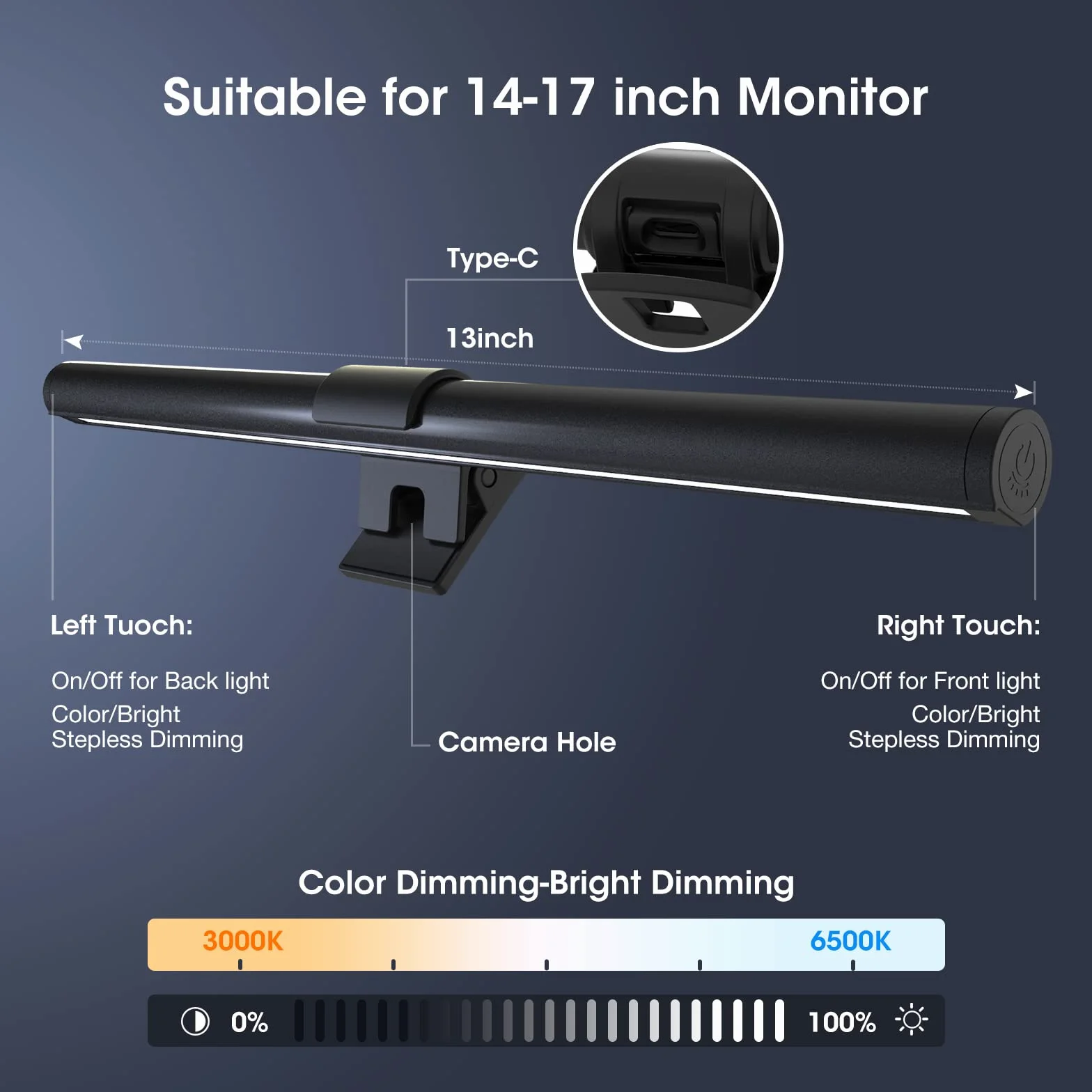 OOWOLF Lampa do Monitora 33 cm Podwójne Światło USB Ściemnialna Funkcja Pamięci 3 Temperatury Barwowe