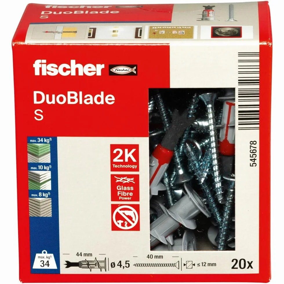 fischer DuoBlade S, samowiercący kołek do płyt gipsowo-kartonowych z wkrętem do płyt wiórowych, mocny kołek do łatwego montażu w płytach gipsowo-kartonowych i gipsowo-włóknowych, metalowa końcówka centrująca, 20 kołków + 20 wkrętów