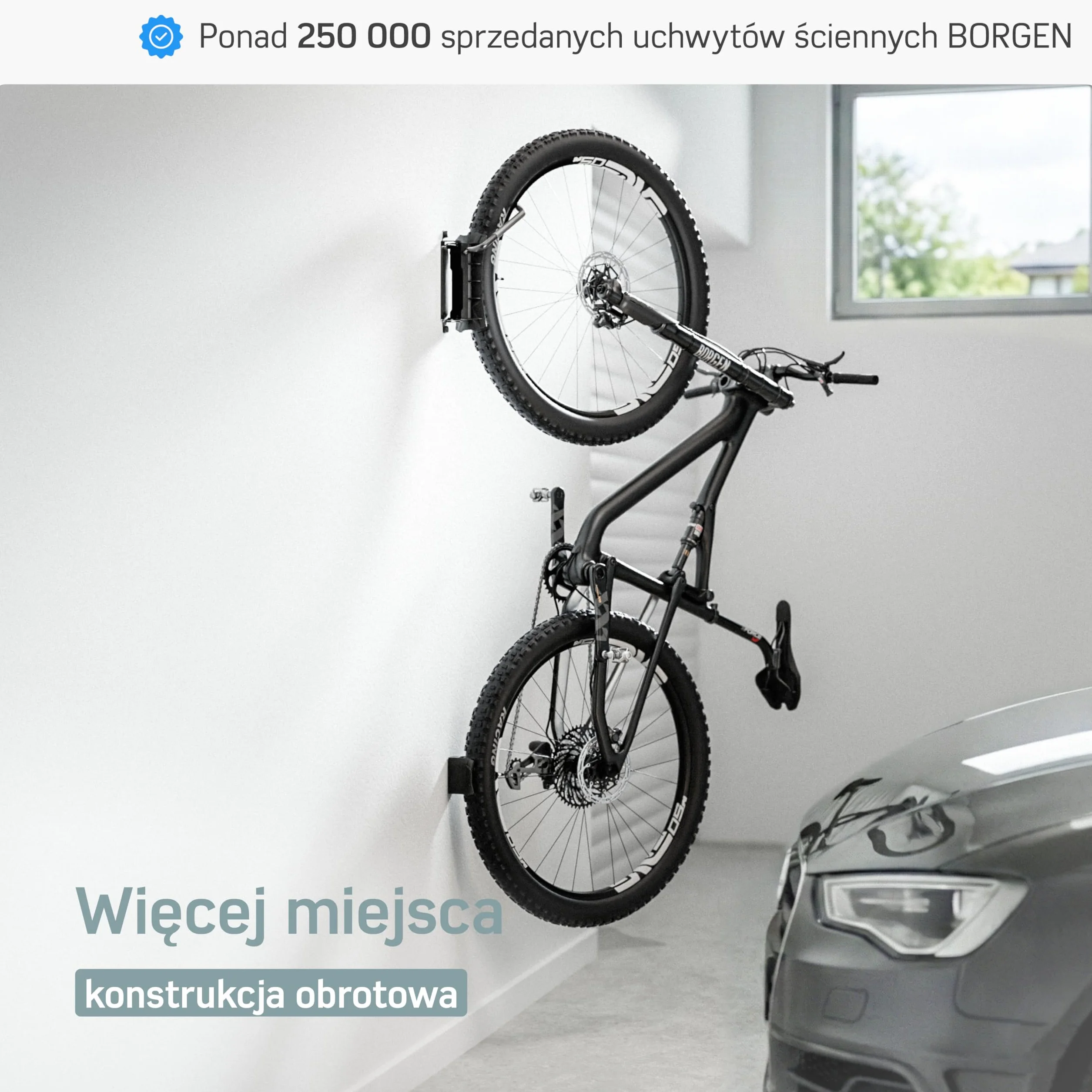 Borgen Ścienny uchwyt rowerowy pionowy, obrotowy, do 35 kg – Oszczędzający miejsce uchwyt na rower do montażu na ścianie, w zestawie kołki Fischer DuoPower