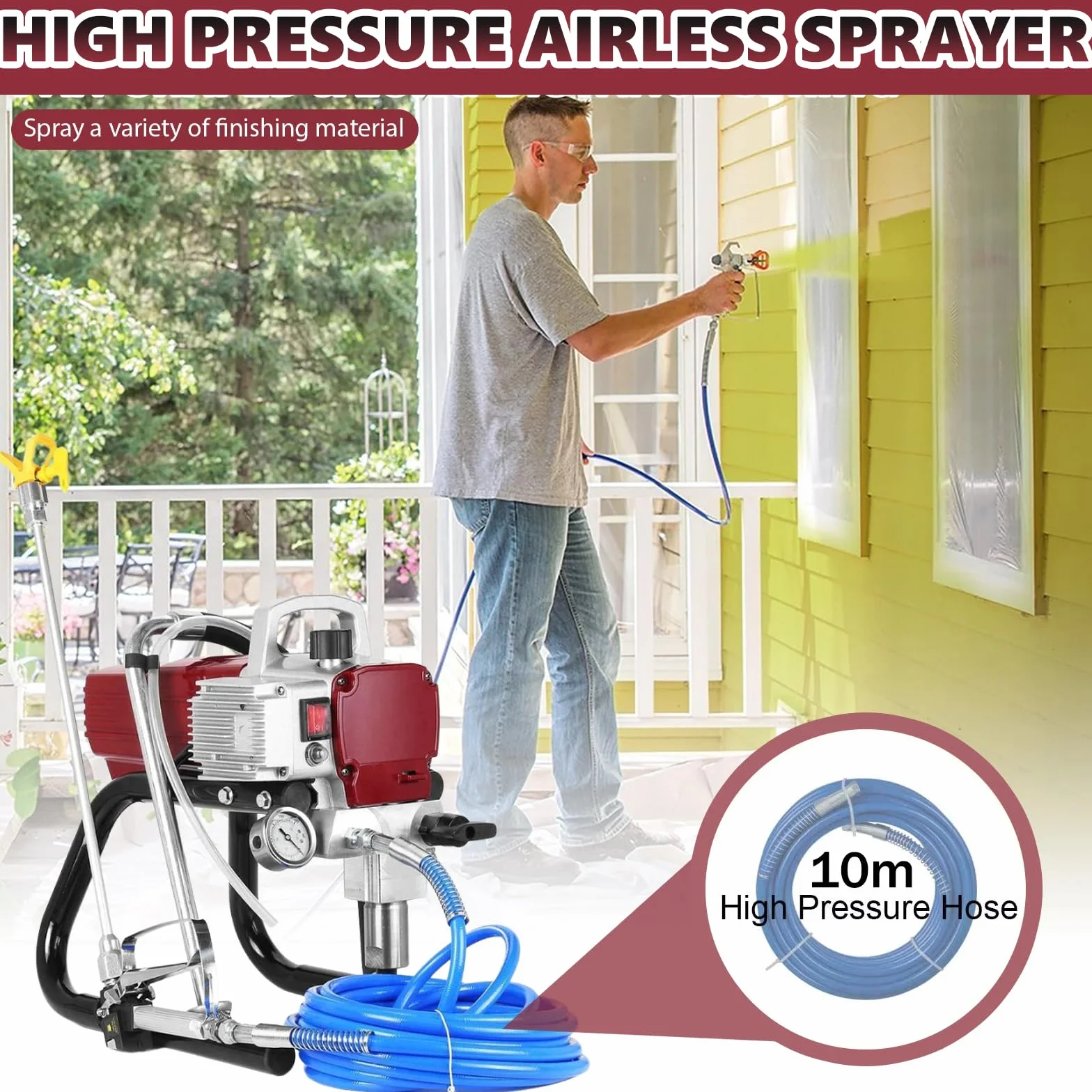 Wysokociśnieniowy Airless agregat natryskowy 1800 W, 1,8 l/min, pionowy spray do malowania z regulowanym ciśnieniem, przedłużenie 50 cm, rura 10 m, manometr do wydajnego malowania ścian