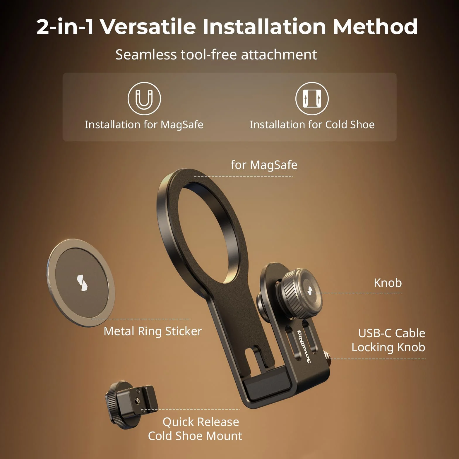 SMALLRIG SSD Holder 2-in-1 SSD Mount Bracket for MagSafe with Cold Shoe Cable Clamp, Kompatybilny z Dyskami SSD o Grubości 0,3–0,6 cala do Dysków SSD Samsung T5 T7, do Dysków SSD SanDisk - 4779