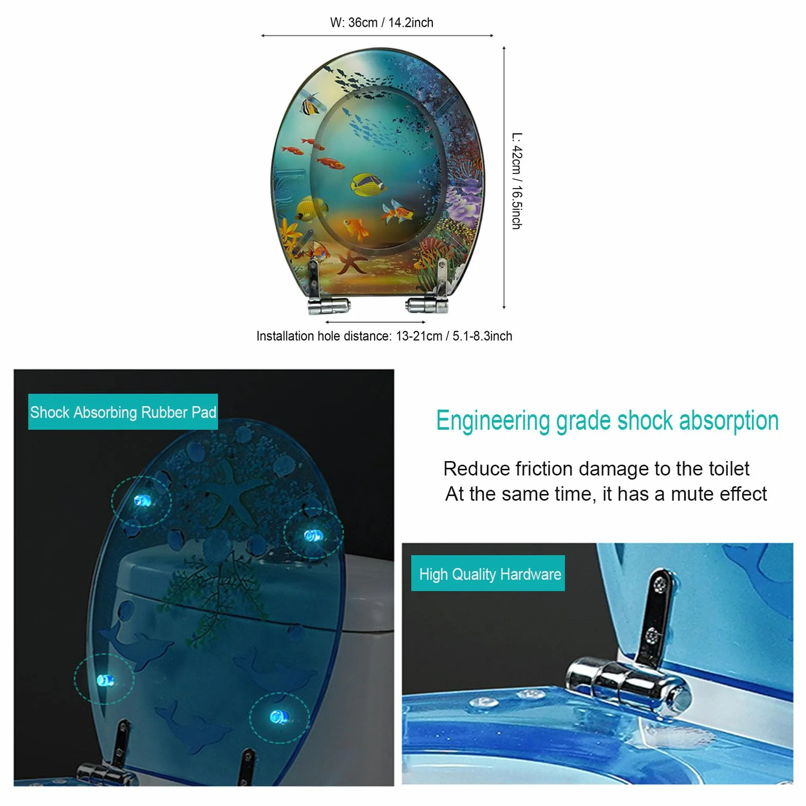 F,Deska sedesowa o wolnym opadaniu 3D z serii Ocean z prawdziwymi muszlami i żwirem,wolno opadająca deska sedesowa ze stalowymi zawiasami,Łatwa instalacja i czyszczenie,Żywica,Okrągła
