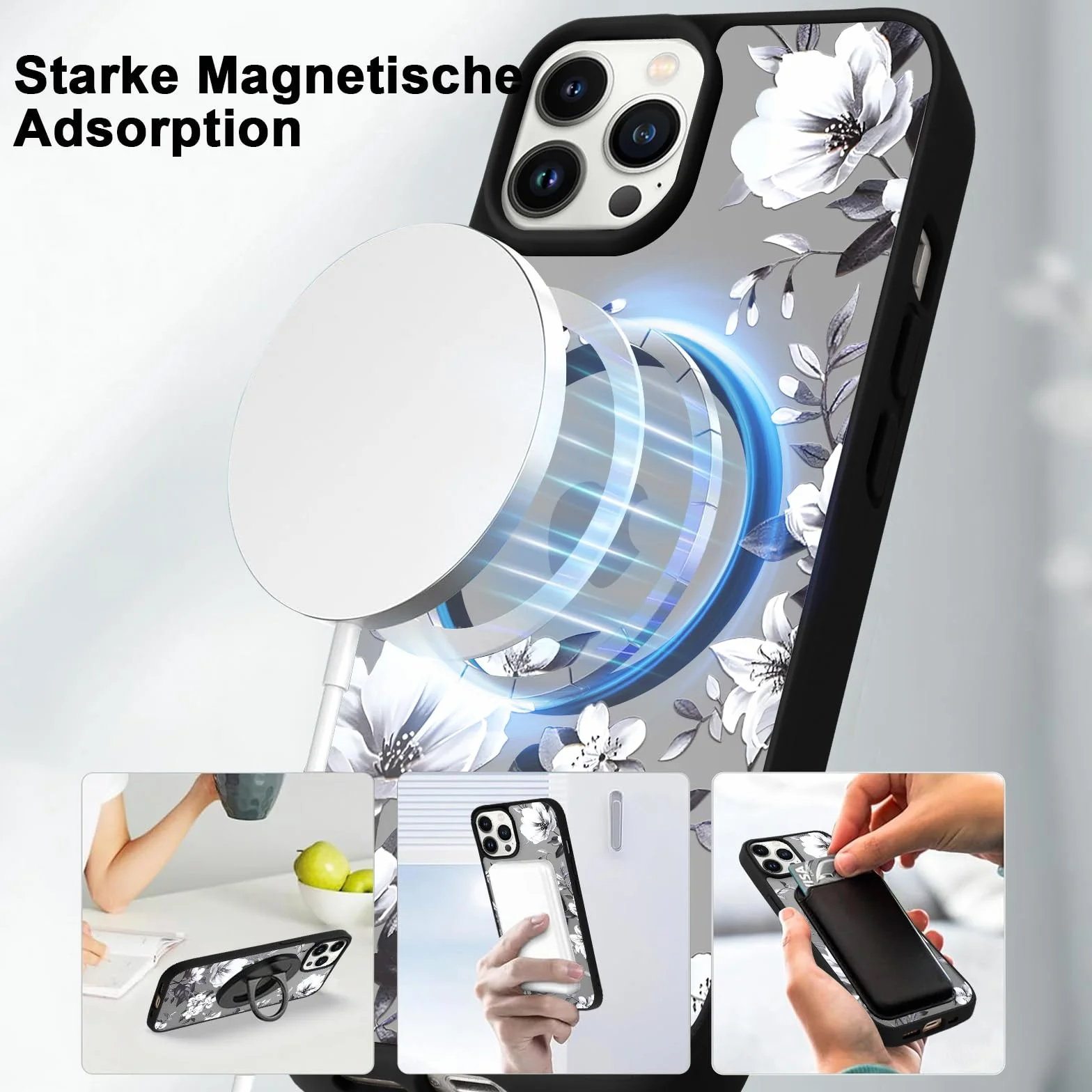 Yoedge Magnetyczne etui na telefon komórkowy iPhone 16 6,1", etui z paskiem, kompatybilne z MagSafe, wzór w kwiaty, półprzezroczyste etui ze sznurkiem, matowe, silikonowe TPU, odporne na uderzenia