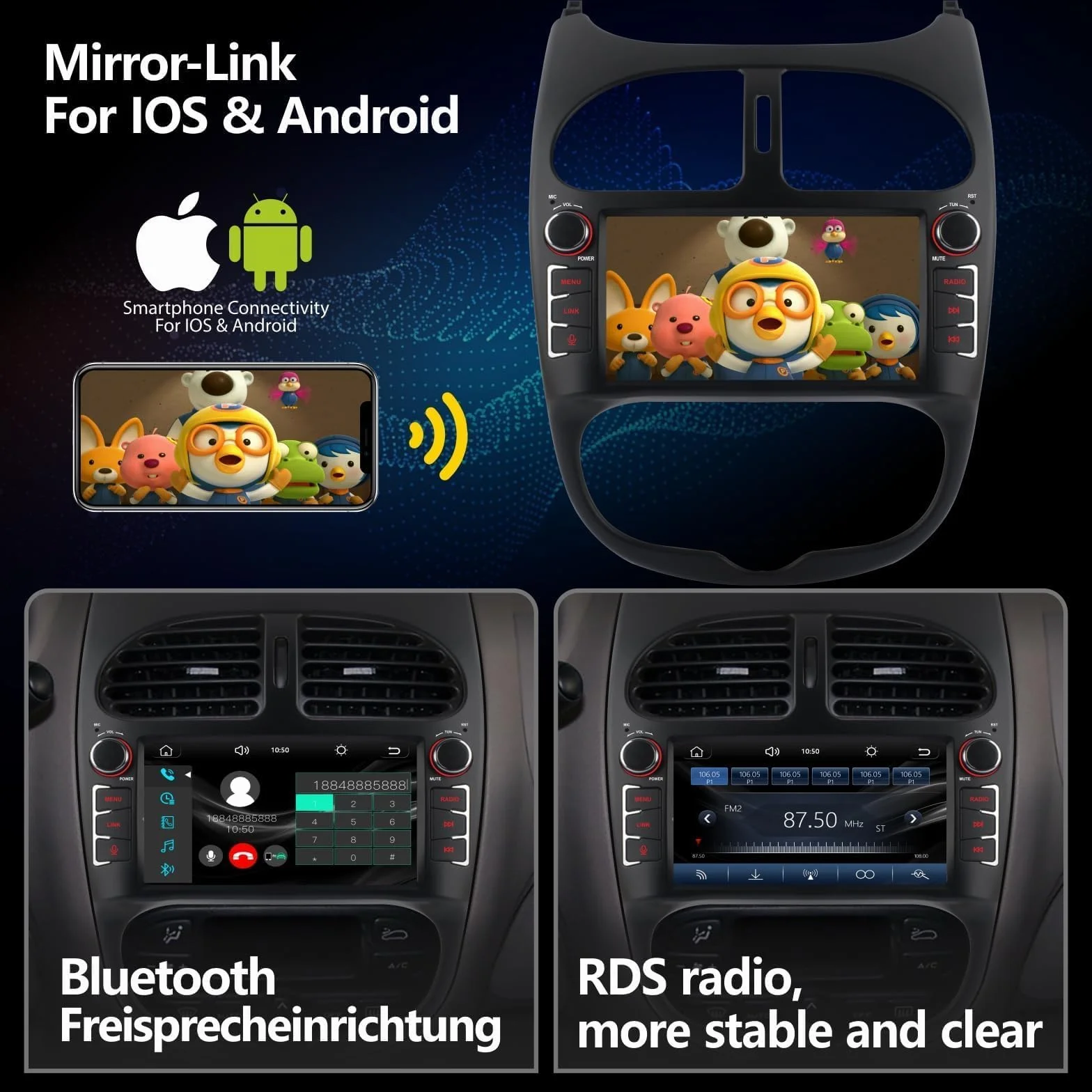 Radio samochodowe Carplay Android bezprzewodowy ekran dotykowy do Peugeot 206 206cc Citroen C2 (2002-2010) FM/AM/RDS Bluetooth