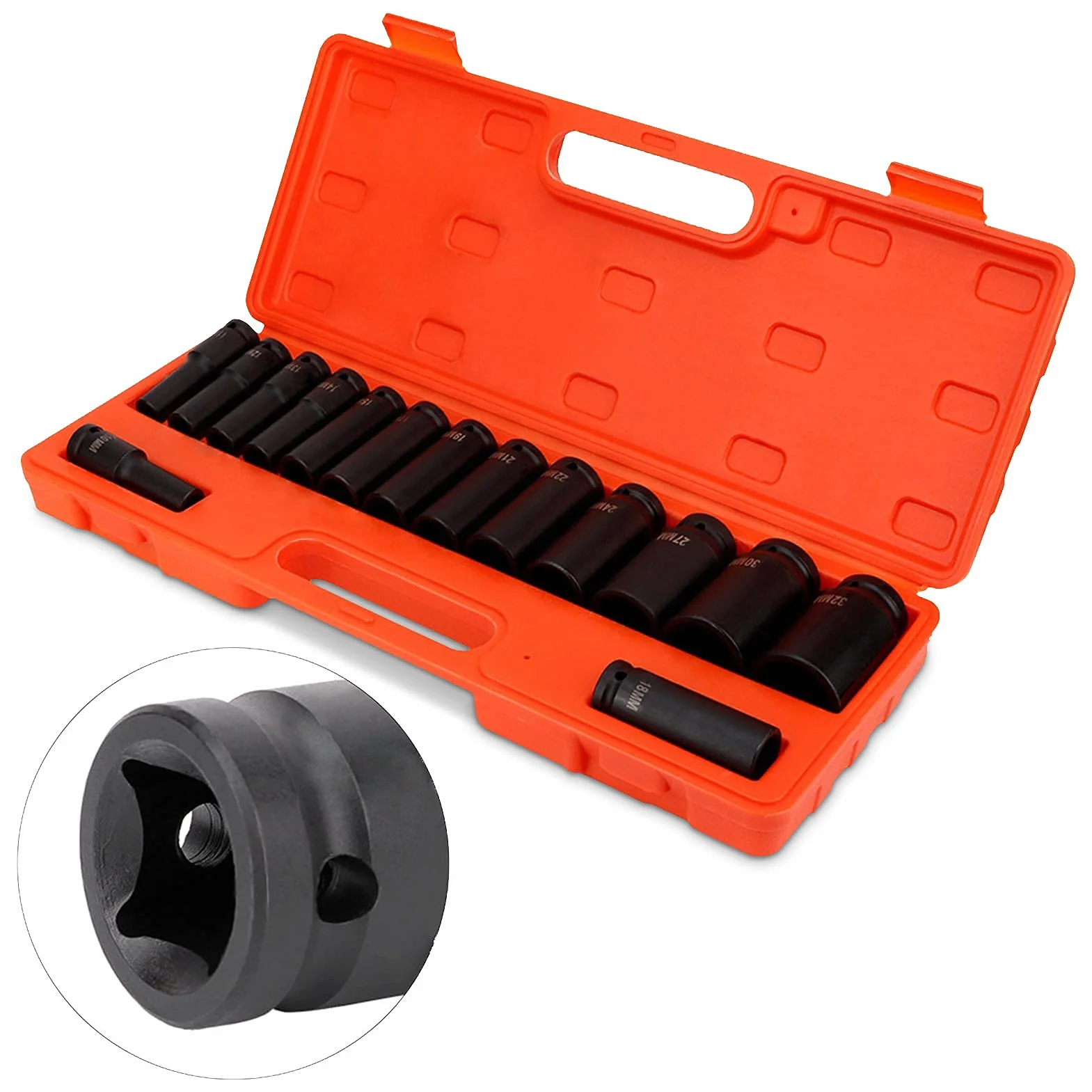 Zestaw nasadek udarowych, 15-częściowy, nasadki do kluczy nasadowych 1/2", 10-32 mm, zestaw końcówek udarowych do prac śrubowych