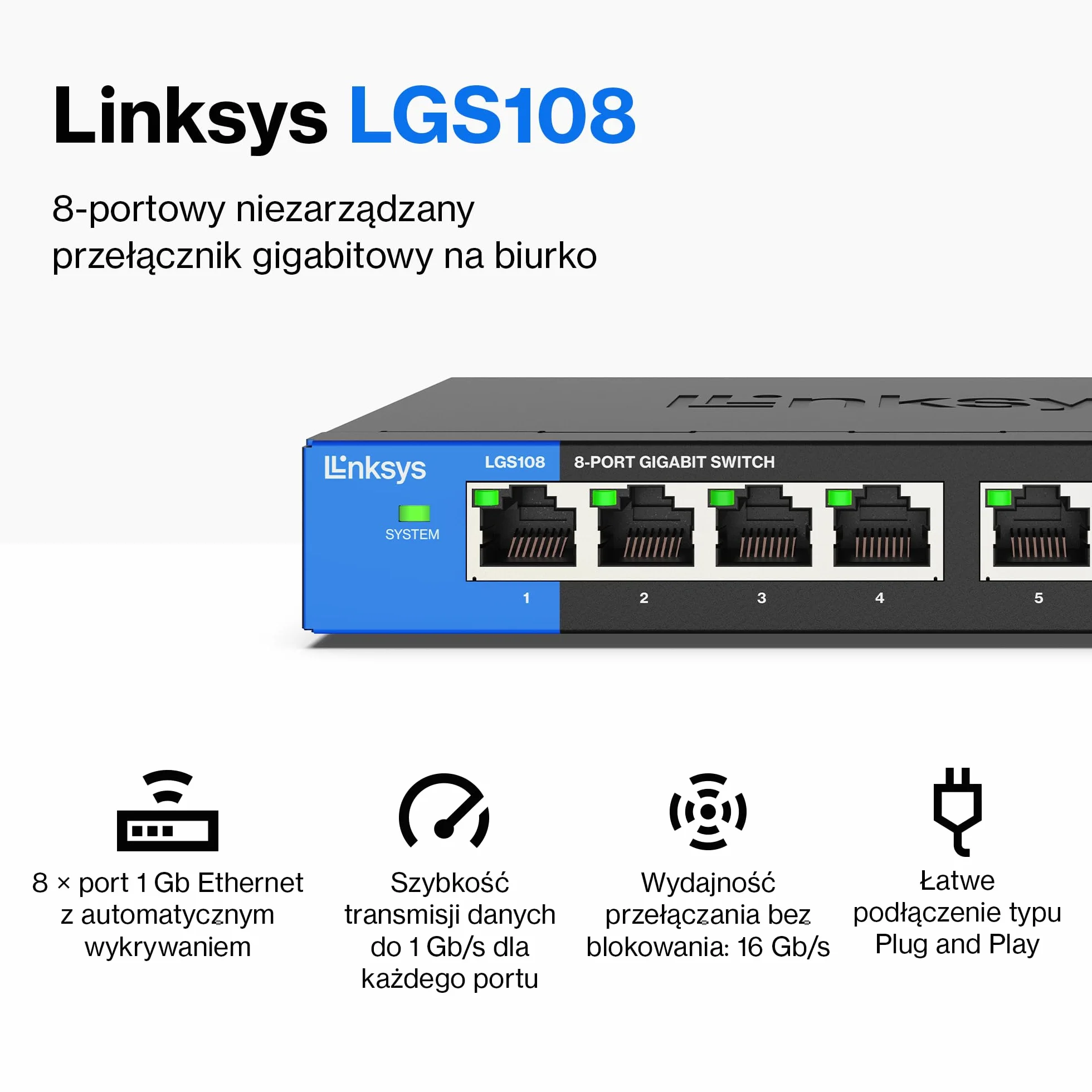 Linksys LGS108-EU 8-portowy Przełącznik Sieciowy Gigabit (bez wentylatora, funkcja Auto Sensing, funkcja oszczędzania energii), Czarny