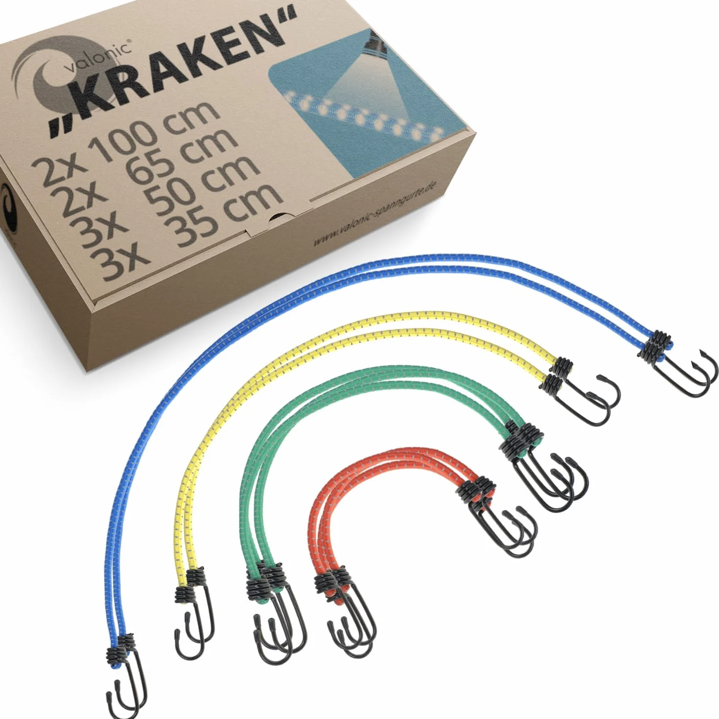 valonic KRAKEN - guma mocująca z hakami - odblaskowa, zestaw 10 sztuk, rozciągliwość 200% - ekspander, napinacz bagażowy do rowerów i bagażników, lina gumowa