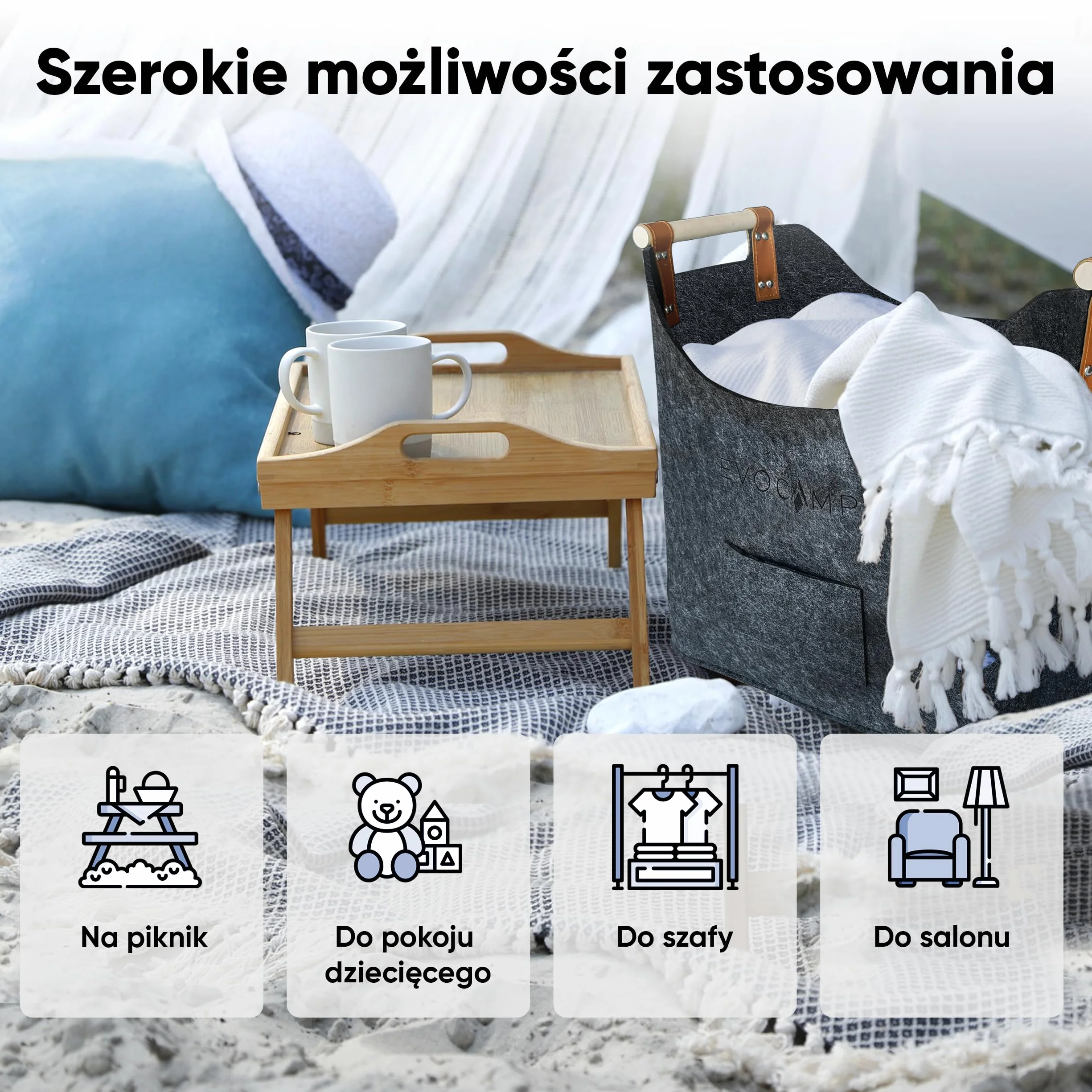 EVOCAMP duży filcowy kosz na drewno i przechowywanie, XXL kosz kominkowy z filcu w ciemnoszarym kolorze, z drewnianymi uchwytami, torba na drewno 44x44x30 cm