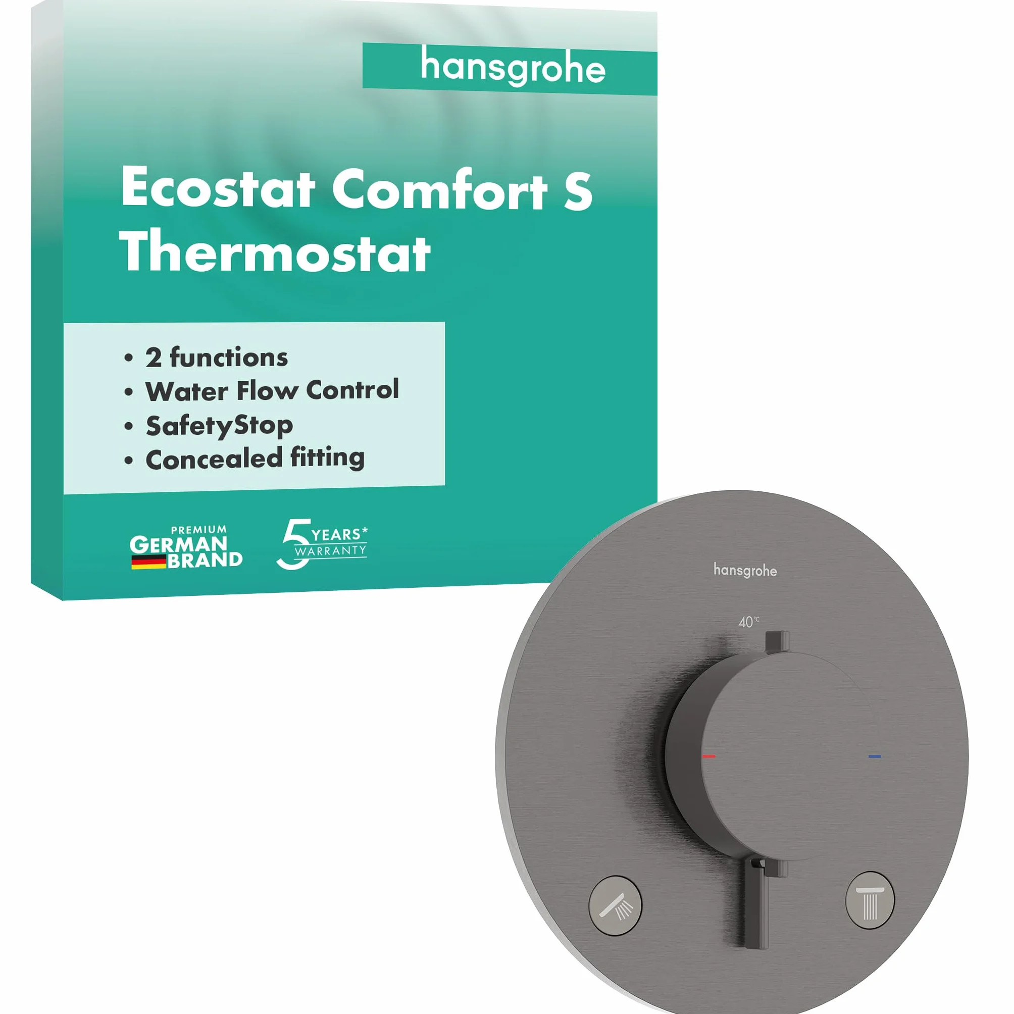 hansgrohe Ecostat Comfort S - termostat prysznicowy podtynkowy, armatura prysznicowa z blokadą bezpieczeństwa (SafetyStop) w temperaturze 40°C, termostat do prysznica, dla 2 odbiorników, szczotkowany