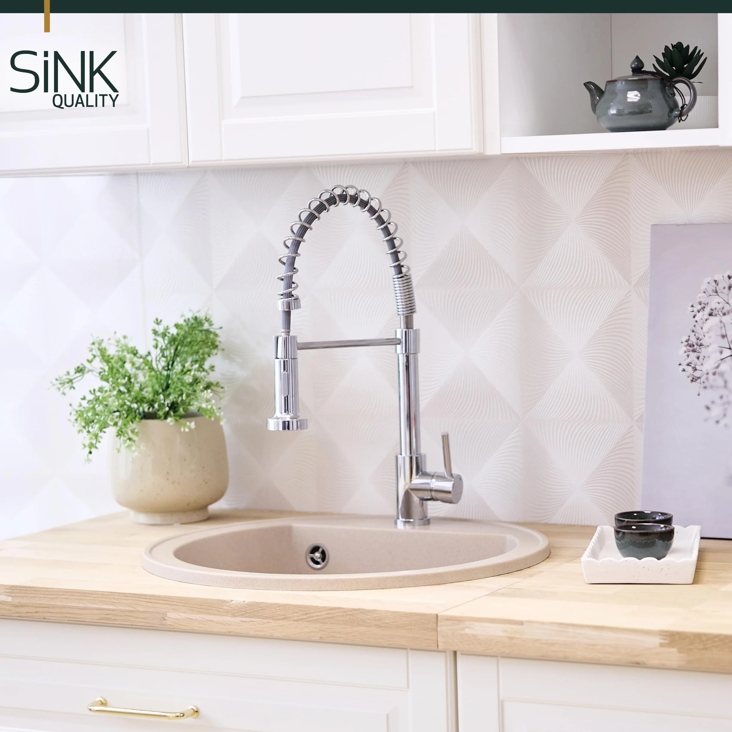 SINK Quality zlewozmywak okrągły, beżowy, Ø 51 cm, syfon z przyciskiem i impregnacją, w zestawie - zlewozmywak kuchenny okrągły z granitu - zlewozmywak granitowy do szafek od 55 cm szerokości
