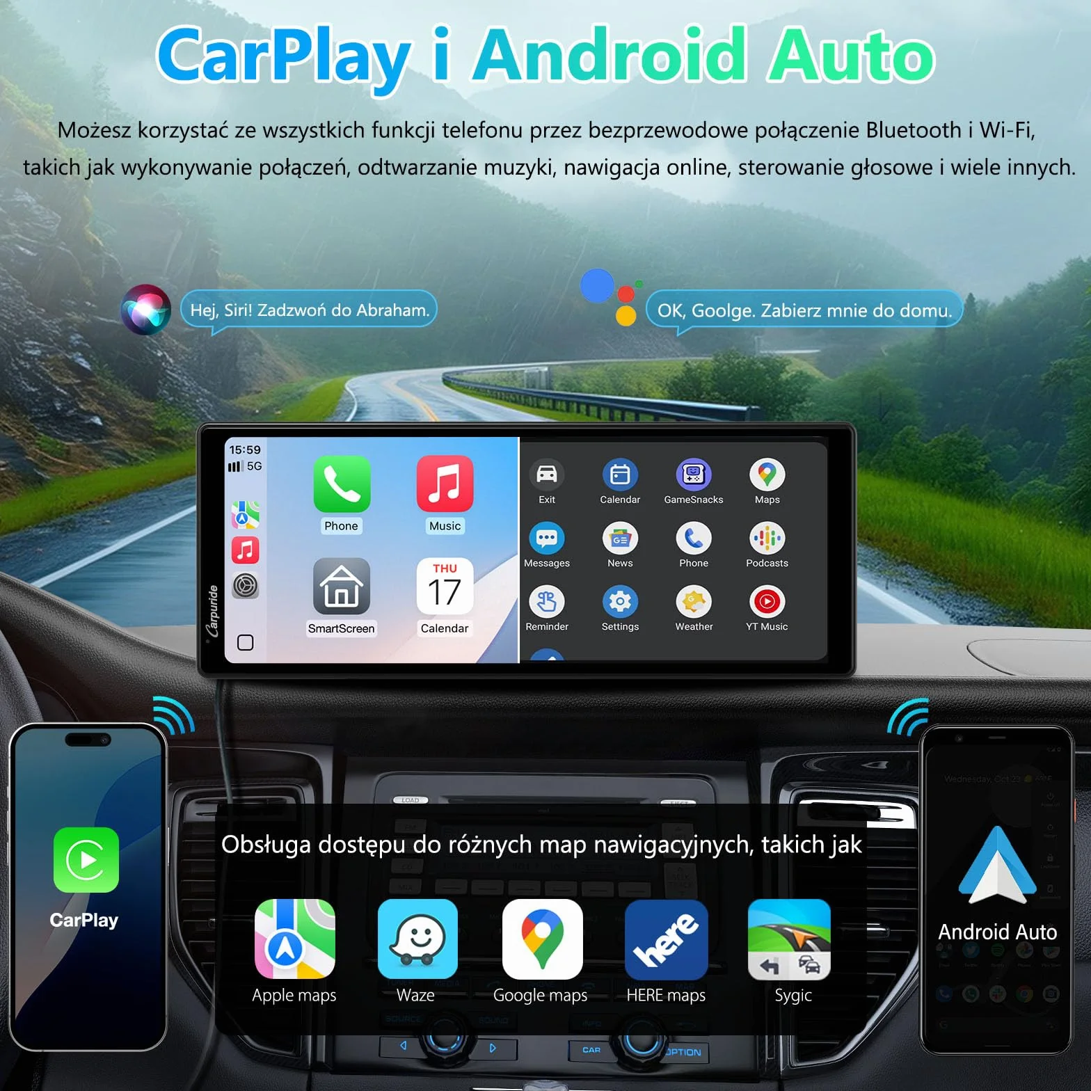 Carpuride V92R Przenośny Ekran Carplay 10,26-calowy HD 1080P Bezprzewodowy Android Auto z Kamerą Cofania 720P