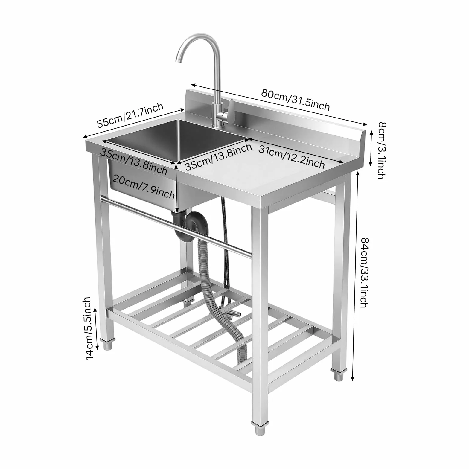 Wolnostojący zlewozmywak kuchenny ze stali nierdzewnej, nośność 100 kg, 1 umywalka ze stali nierdzewnej, obracany o 360° kran i rura odpływowa, do łazienek, gospodarstw rolnych