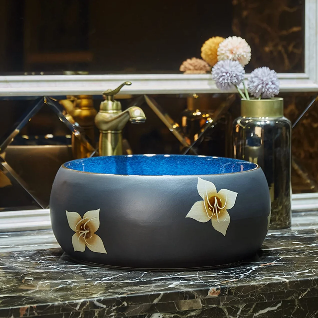 Zestaw okrągłej umywalki nablatowej i kranu, umywalka ceramiczna nablatowa z porcelany, niebieskie szkliwo,