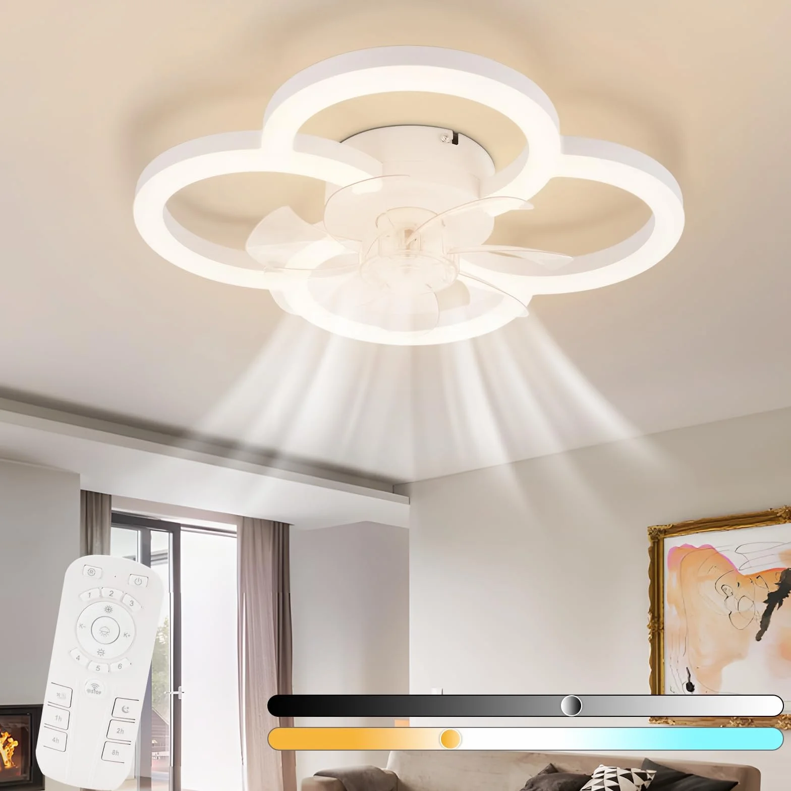 Homefire LED Wentylator sufitowy z oświetleniem – cichy wentylator sufitowy z oświetleniem i pilotem z regulacją jasności do salonu z oświetleniem 6 prędkości timer biały do pokoju młodzieżowego