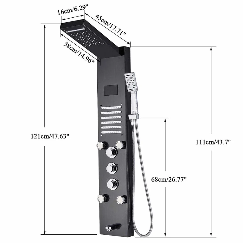 Czarny hydroelektryczność LED deszcz wodospad prysznic panel masaż spa dysze LCD cyfrowy wyświetlacz system prysznicowy kolumna prysznicowa