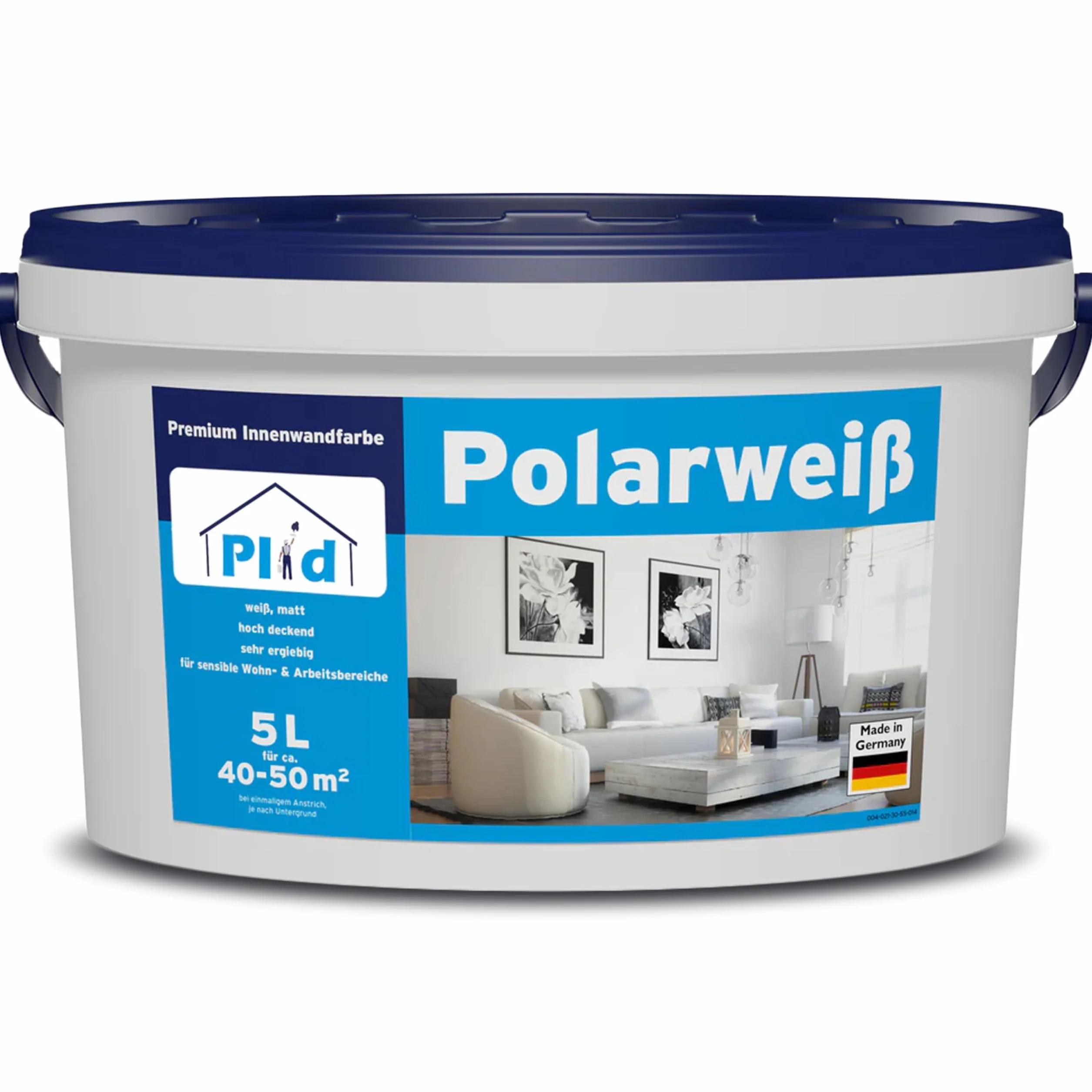 Plid Polarna biel farba ścienna biała matowa 5 l – wysoko kryjąca farba wewnętrzna | Farba do ścian i sufitów | farba dyspersyjna biała do wnętrz | wysoko kryjąca | bezzapachowa | 40-50 m² | Made in Germany
