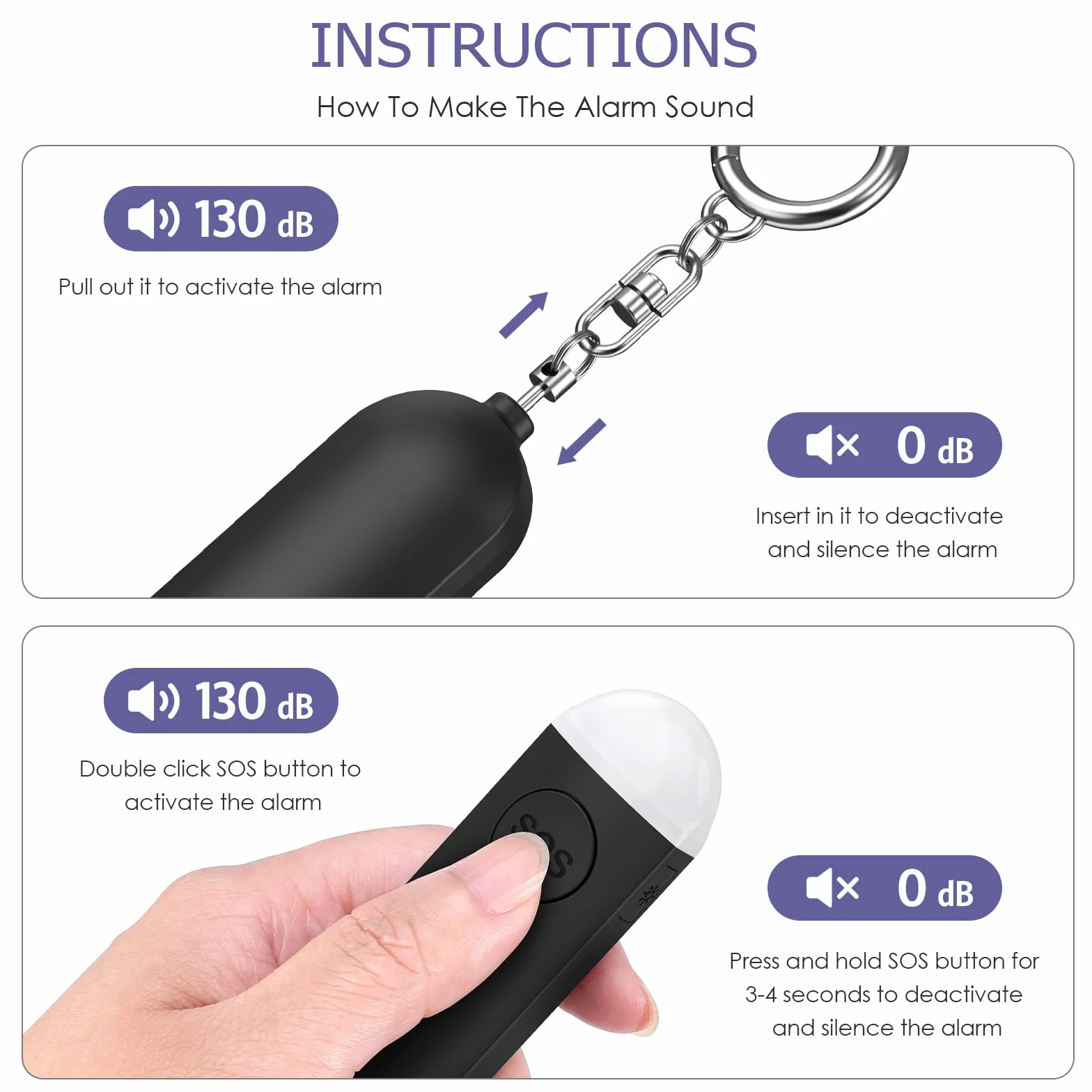 Osobisty alarm 130 dB, syrena ze stroboskopem LED, sygnał błyskowy LED, ładowany przez USB, breloczek do kluczy