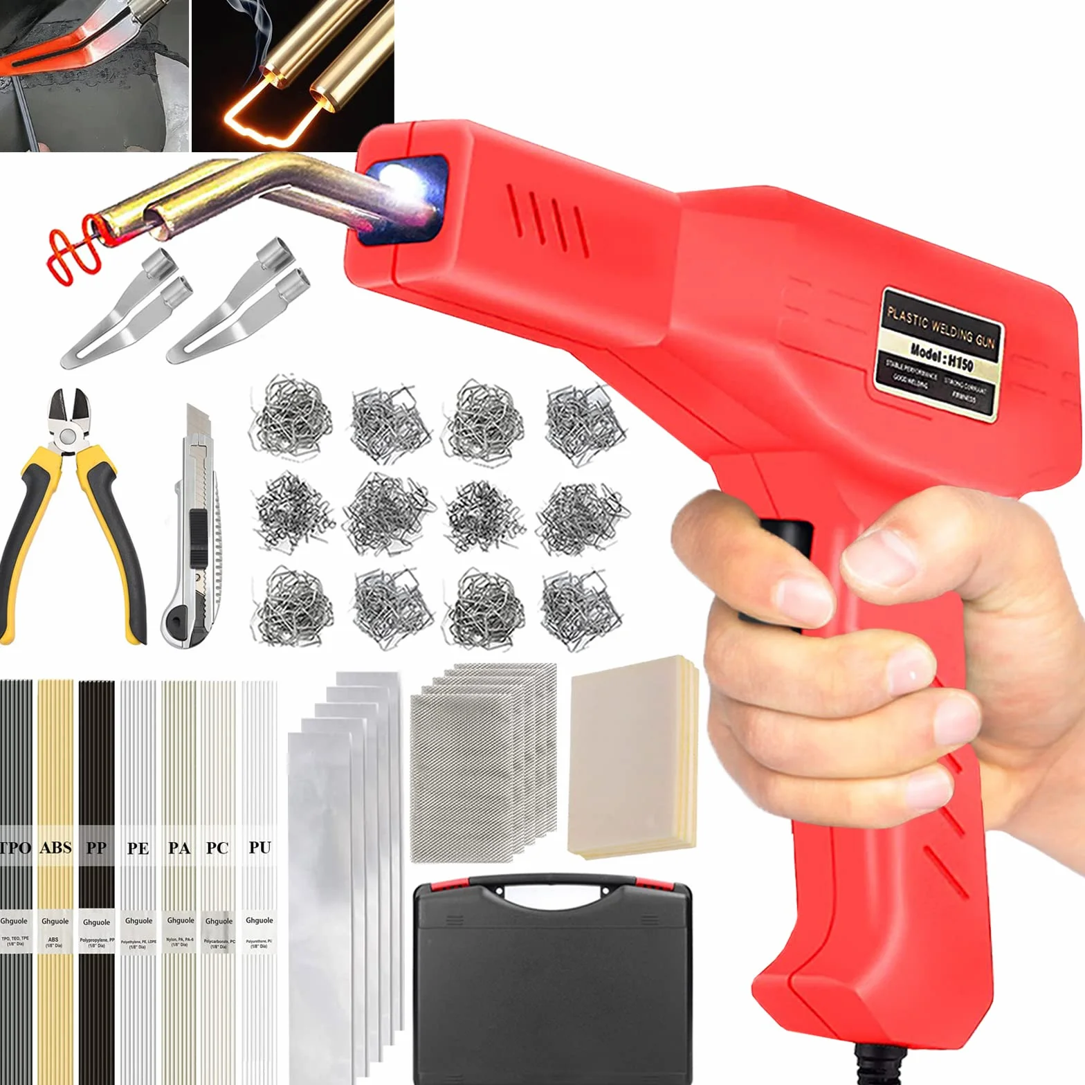 220 W Zestaw naprawczy zderzaka samochodowego,zestaw naprawczy tworzywa sztucznego 2 w 1 zszywkami 800PCS gwóźdź spawalniczy 64szt plastikowych prętów spawalniczych,spawanie tworzyw sztucznych