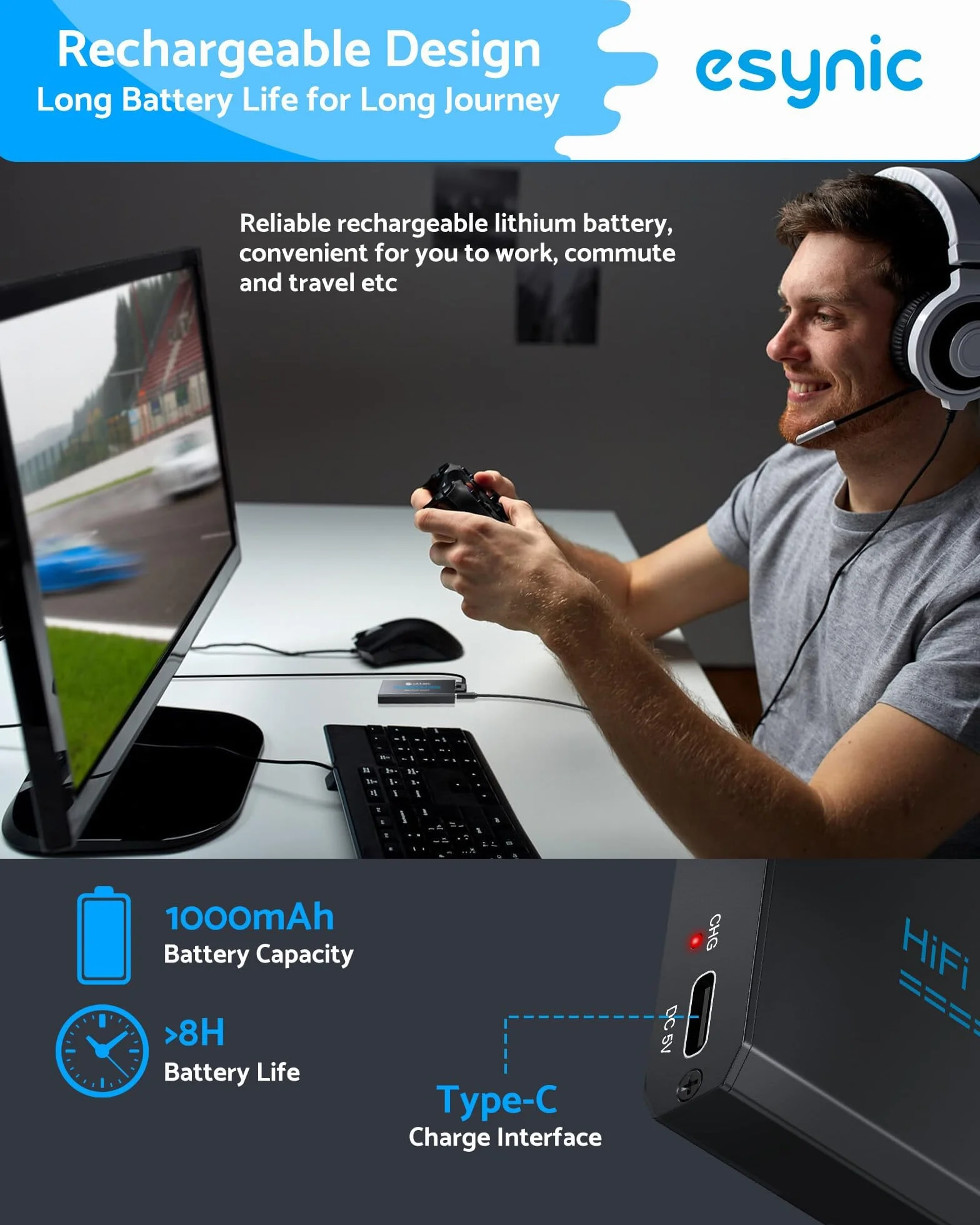 eSynic Przenośny wzmacniacz słuchawkowy, akumulator audio, cyfrowy wzmacniacz słuchawkowy HiFi, 3,5 mm, z dwustopniowym przełącznikiem wzmocnienia, kablem USB i aluminiową matową powierzchnią do