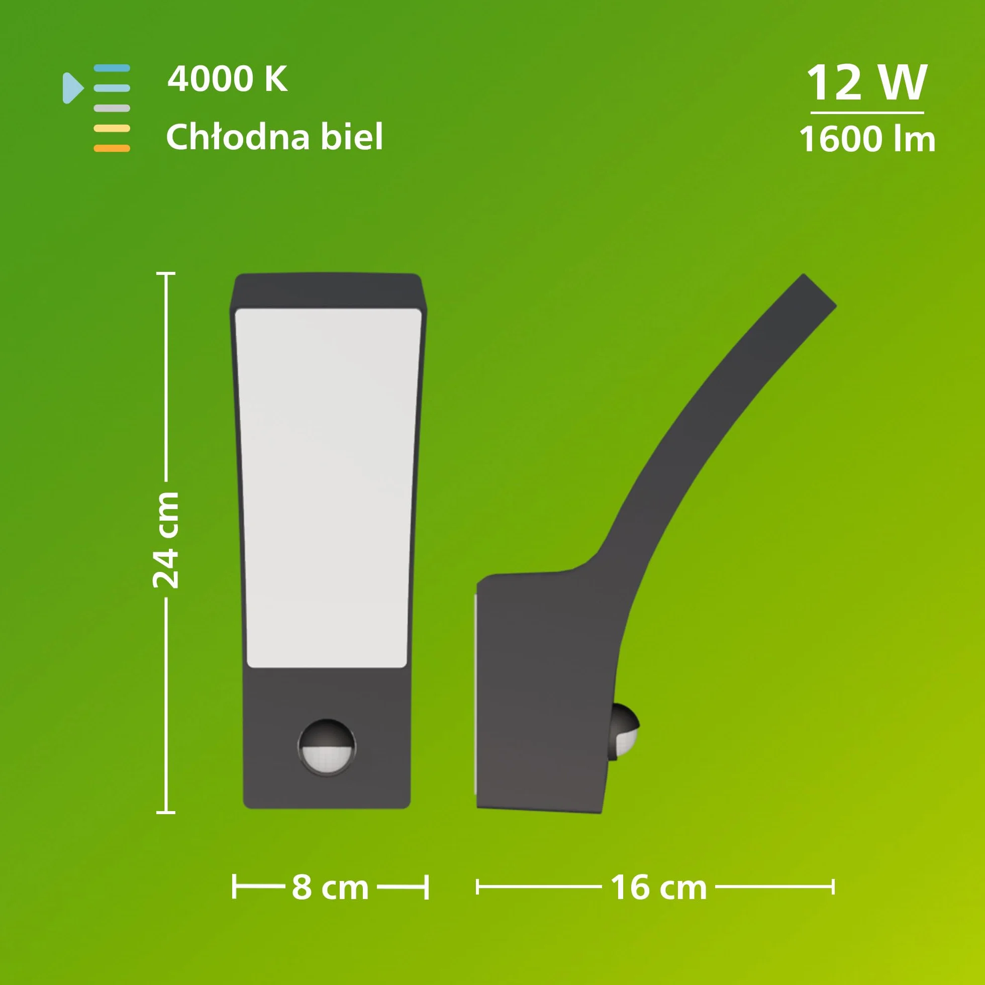 Philips Splay Kinkiet Zewnętrzny LED, 12 W, 1600 lm, 4000 K Światło Zimnobiałe, IP44 Odporny na Warunki Pogodowe, Czujnik Ruchu na Podczerwień, Wbudowane LED, Trwały, Aluminium, Antracyt