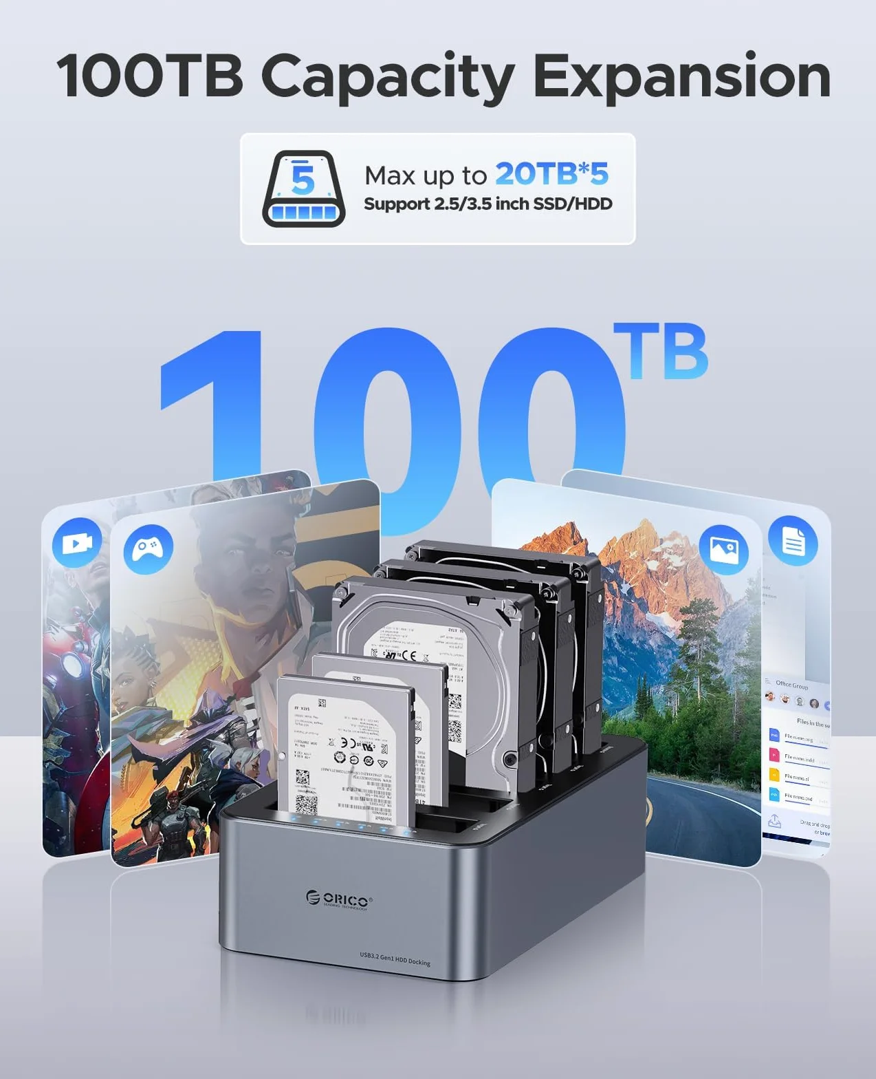 ORICO Clone HDD Aluminiowa stacja dokująca USB 3.2 Gen 1 do SATA 2,5/3,5" SSD/HDD do 20 TB, klonowanie offline