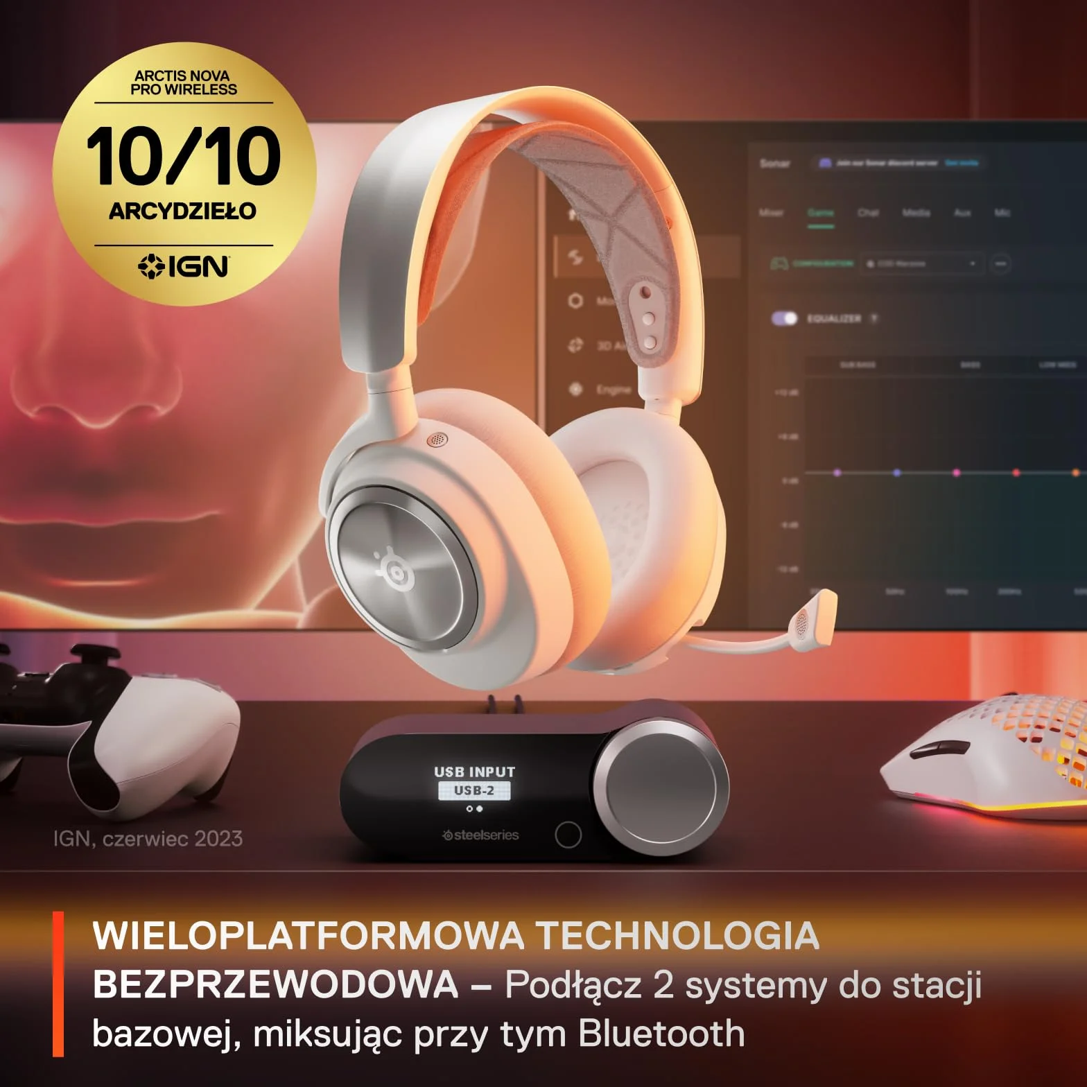 SteelSeries Arctis Nova Pro Wireless - wieloplatformowe bezprzewodowe słuchawki do gier - neodymowe przetw.magn. - ANC - Infinity Power System - mic ClearCast 2 gen. - PC, PS5, Switch, telefon - Białe