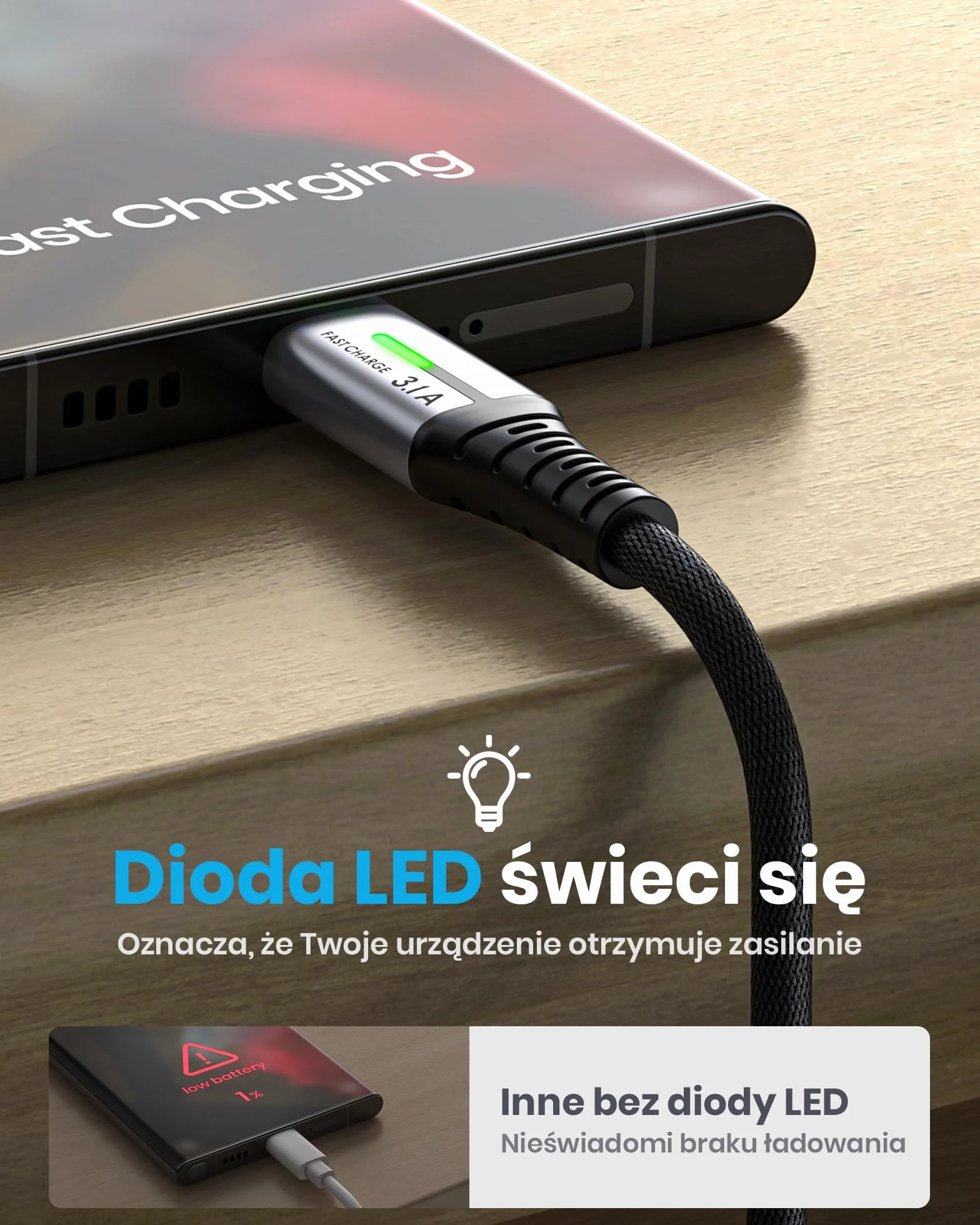INIU Kabel USB C 2m 3.1A Ładowarki Typu C Szybkie Ładowanie Pleciony Kabel Danych USB-C ze Stopu Cynku