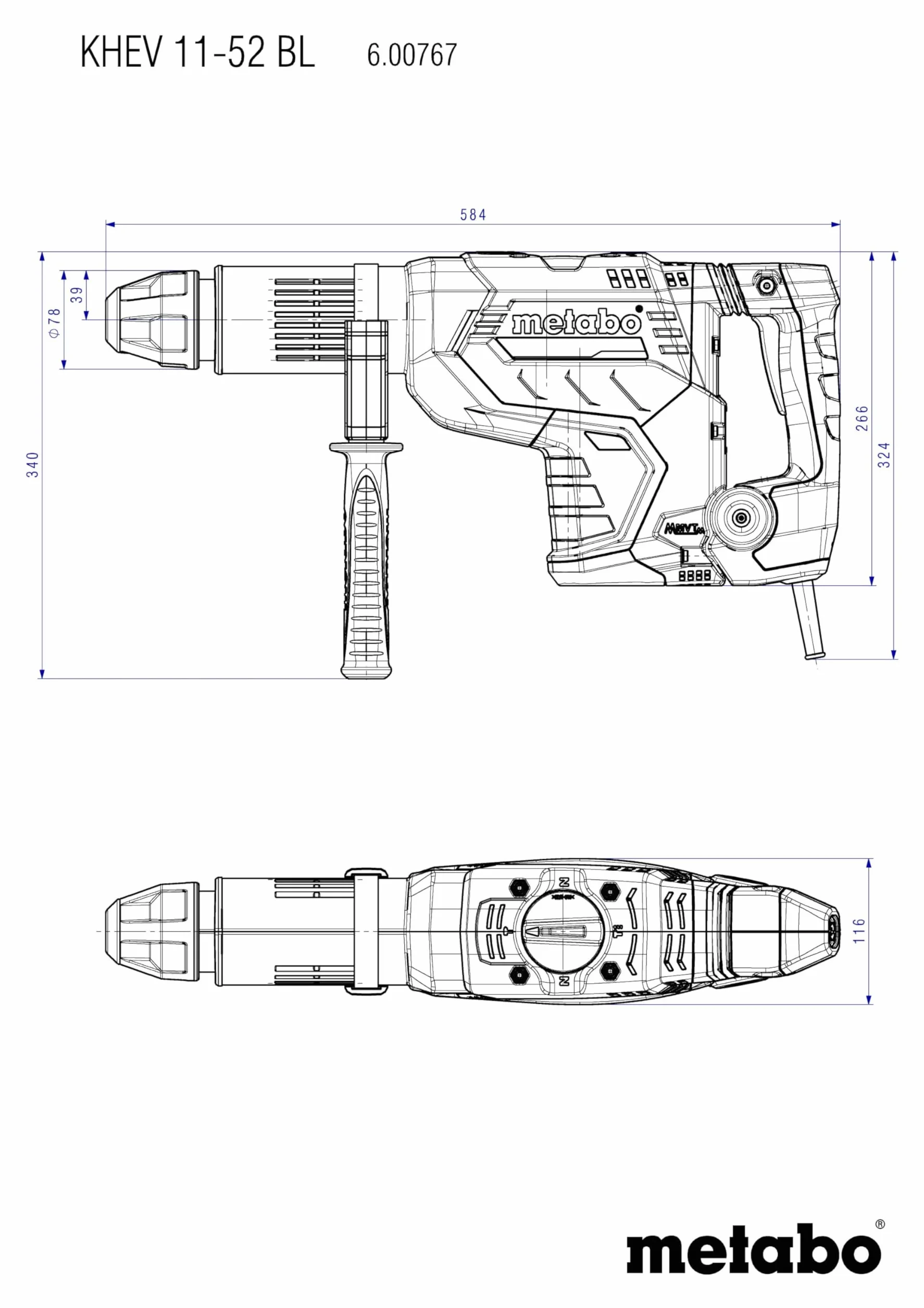 Metabo Młot kombi KHEV 11-52 BL (600767500) walizka z tworzywa sztucznego, maks. energia pojedynczego uderzenia (EPTA): 18,8 J, maksymalna prędkość udaru: 2360 /min, znamionowa moc poboru: 1500 W