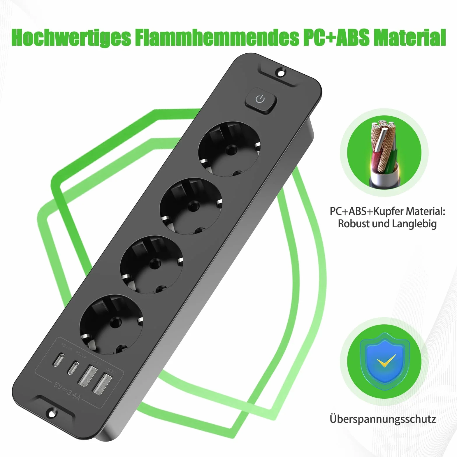 Wysuwane gniazdo wtykowe z 4 gniazdami, listwa zasilająca do zabudowy z 2 USB, gniazdo wtykowe z 2 gniazdami USB C, blat stołu, wpuszczane gniazdko – kabel 2 m, kolor czarny