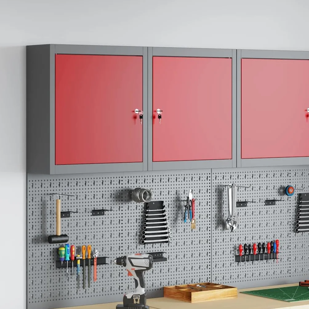 Szafka narzędziowa z regałem w kolorze czerwonym i szarym, wykonana ze stali i materiału drewnopochodnego, 50 x 20 x 55 cm, z zamkiem, regulowanymi półkami stalowymi, idealna do warsztatu