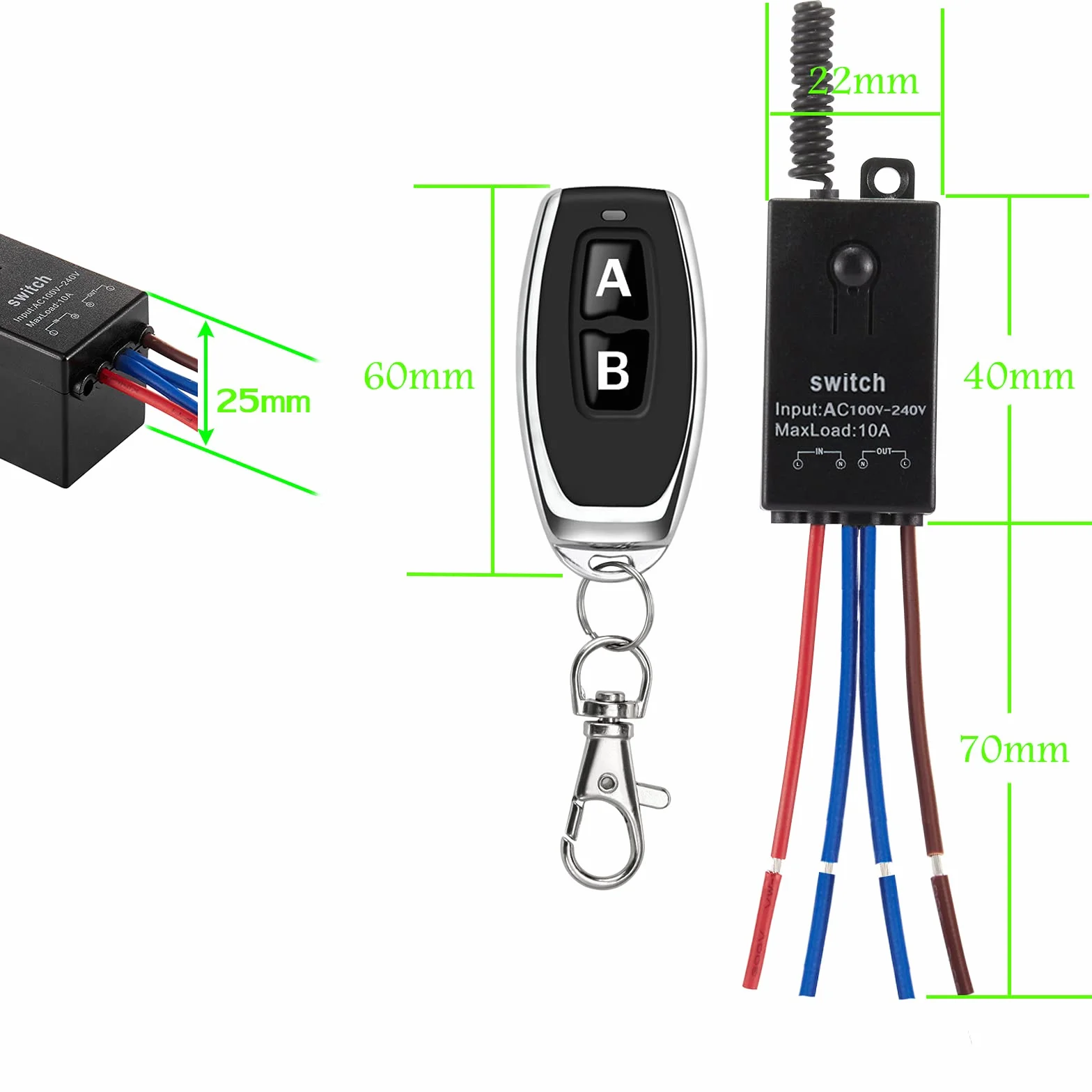 Przekaźnik z pilotem zdalnego sterowania, 2-drożny mini bezprzewodowy przełącznik światła AC 220 V/230 V/240 V/10 A, radiowy przełącznik ścienny, 328 ft, do silnika, lamp, lamp LED,