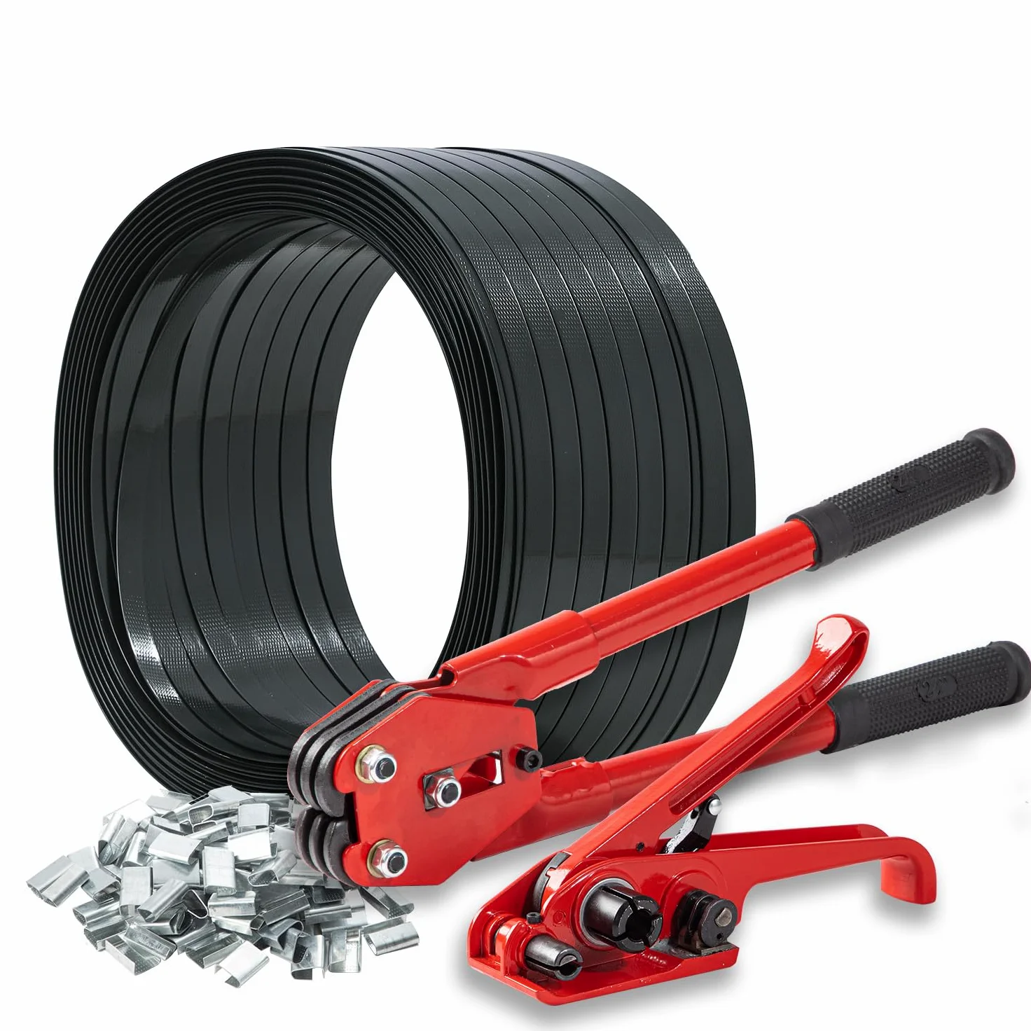 Zestaw do spinania palet z narzędziami – 5/8" x 1000', wytrzymała, czarna taśma PET, napinacz i zaklejarka, 100 metalowych plomb do zabezpieczania, wysyłki i pakowania | Przemysłowy zestaw taśm poli