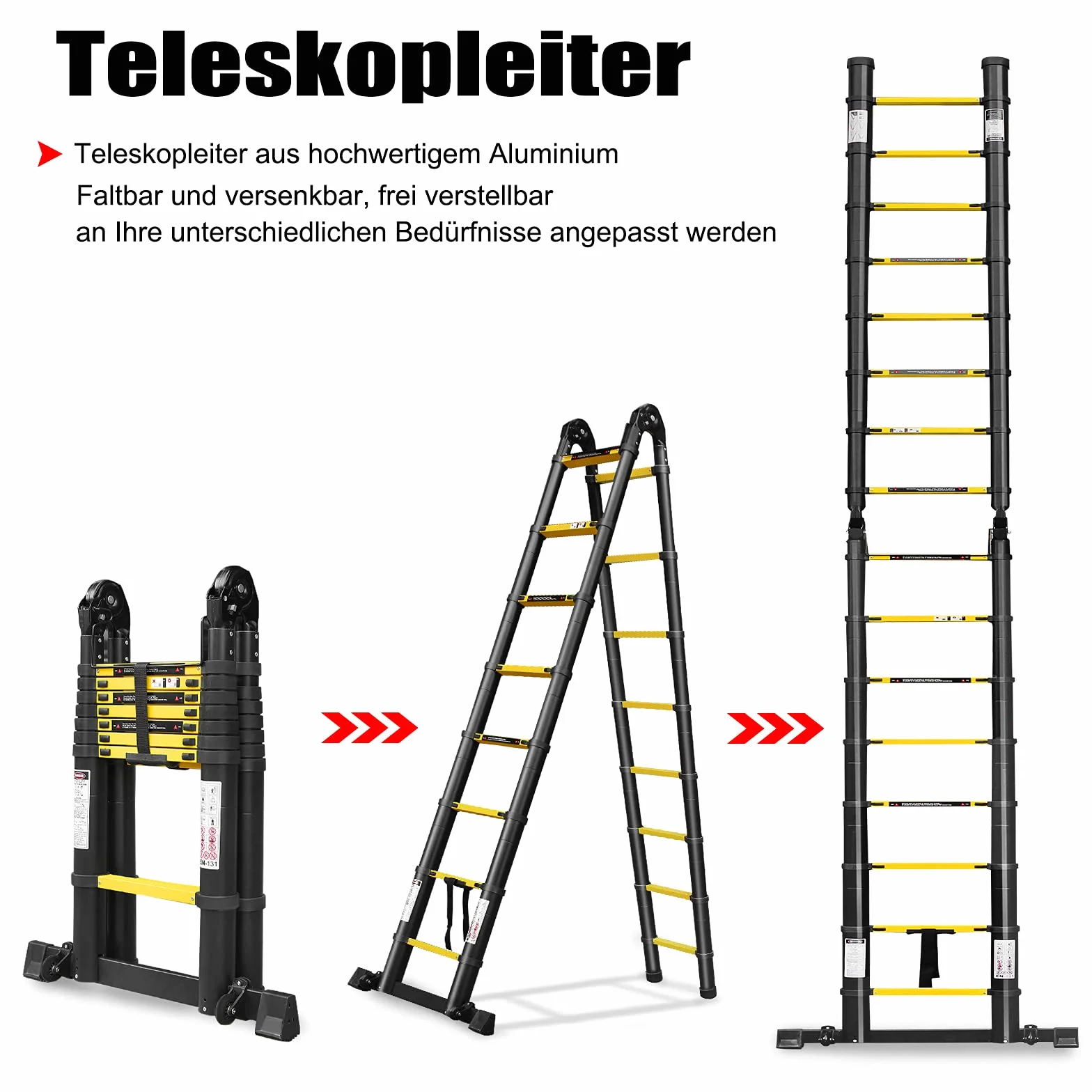 UISEBRT Drabina teleskopowa 3,8 m, składana, aluminiowa, wielofunkcyjna, antypoślizgowa, aluminiowa, wielofunkcyjna, składana, maks. obciążenie 150 kg, czarna (1,9 + 1,9 m)