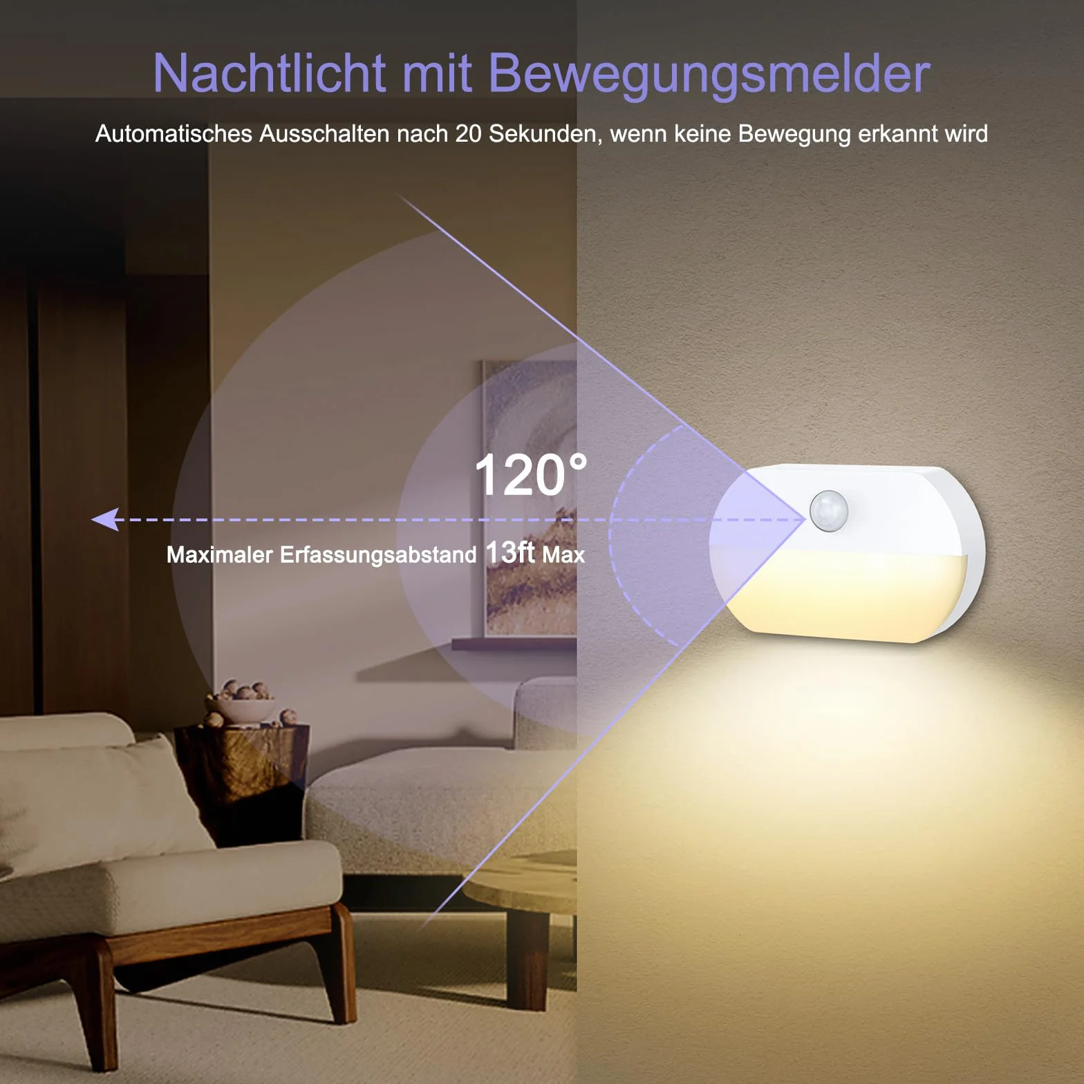 Lampka nocna z czujnikiem ruchu, 2 sztuki LED typu C z 3 trybami (AUTO/OFF/ON), 3 regulowane temperatury barwowe (6000K-4000K-3000K), lampka nocna dla dzieci do sypialni