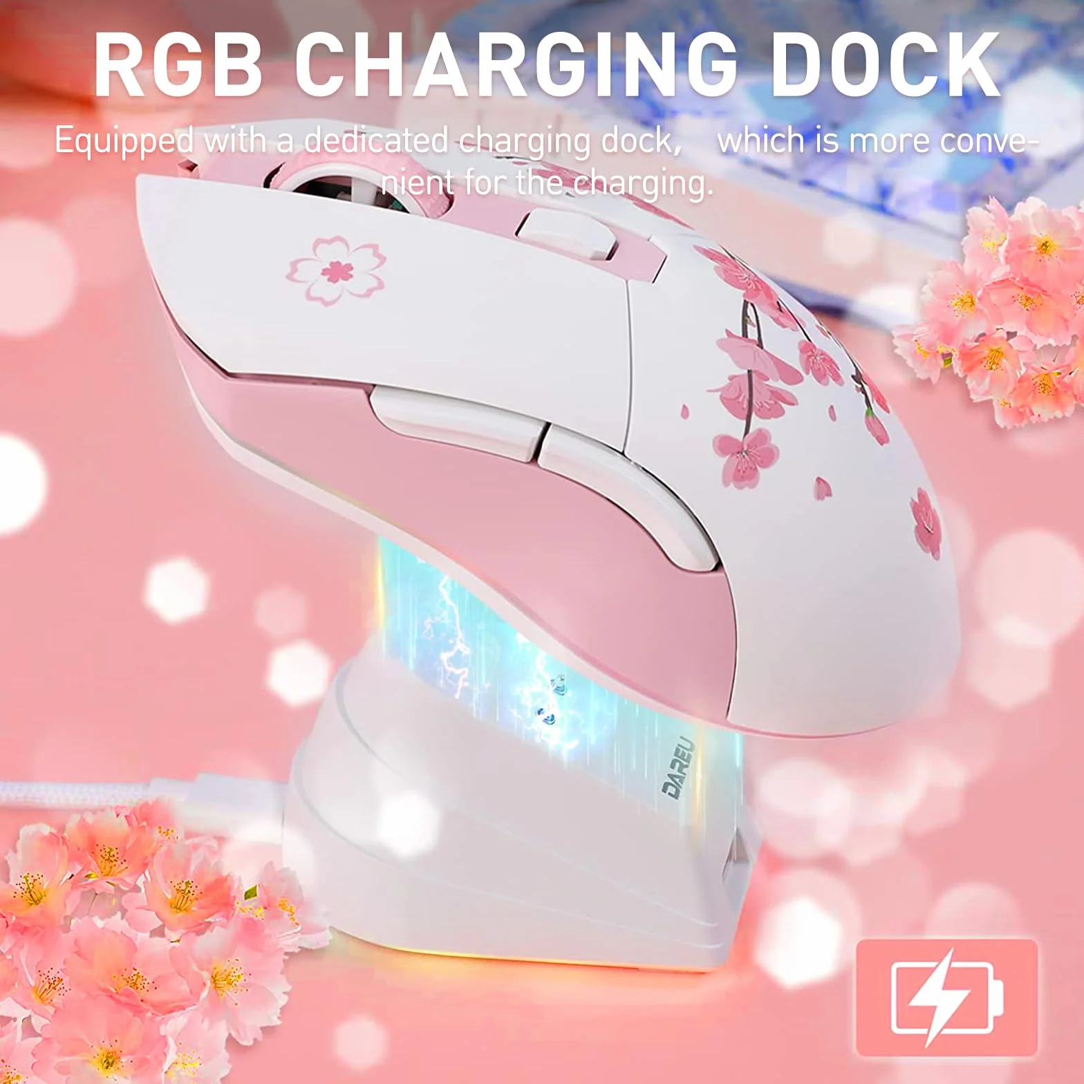 DAREU Bezprzewodowa mysz do gier RGB 12 tys. DPI 300IPS 1000 Hz magnetyczna stacja dokująca