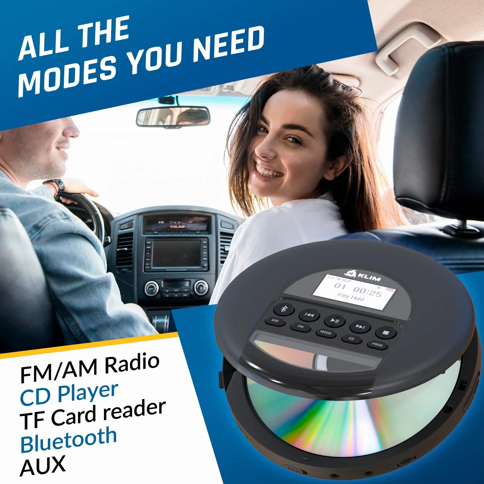 KLIM Nomad - Nowość - Przenośny odtwarzacz CD - Wbudowana bateria o długiej żywotności - ze słuchawkami - Kompatybilny z CD-R, CD-RW, MP3 - Bluetooth odtwarzacz CD do samochodu, domu, na zewnątrz,