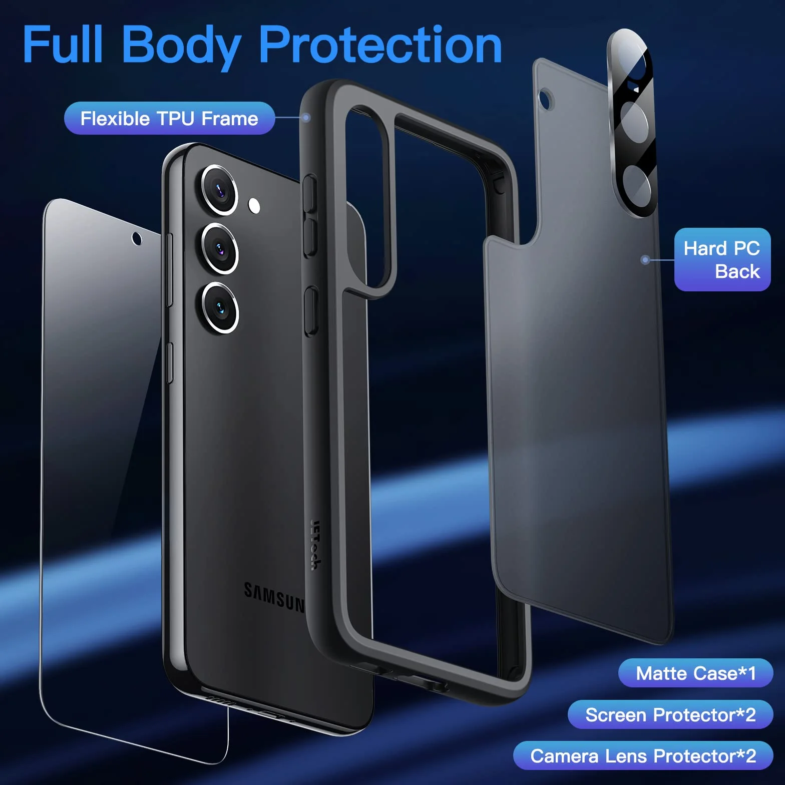 JETech Etui Matowe dla Samsung Galaxy S23 5G 6,1 Cala z Ochraniacz Ekranu i Obiektyw Aparatu, Półprzezroczysta Tylna Case, Szkło Hartowane (Czarny)