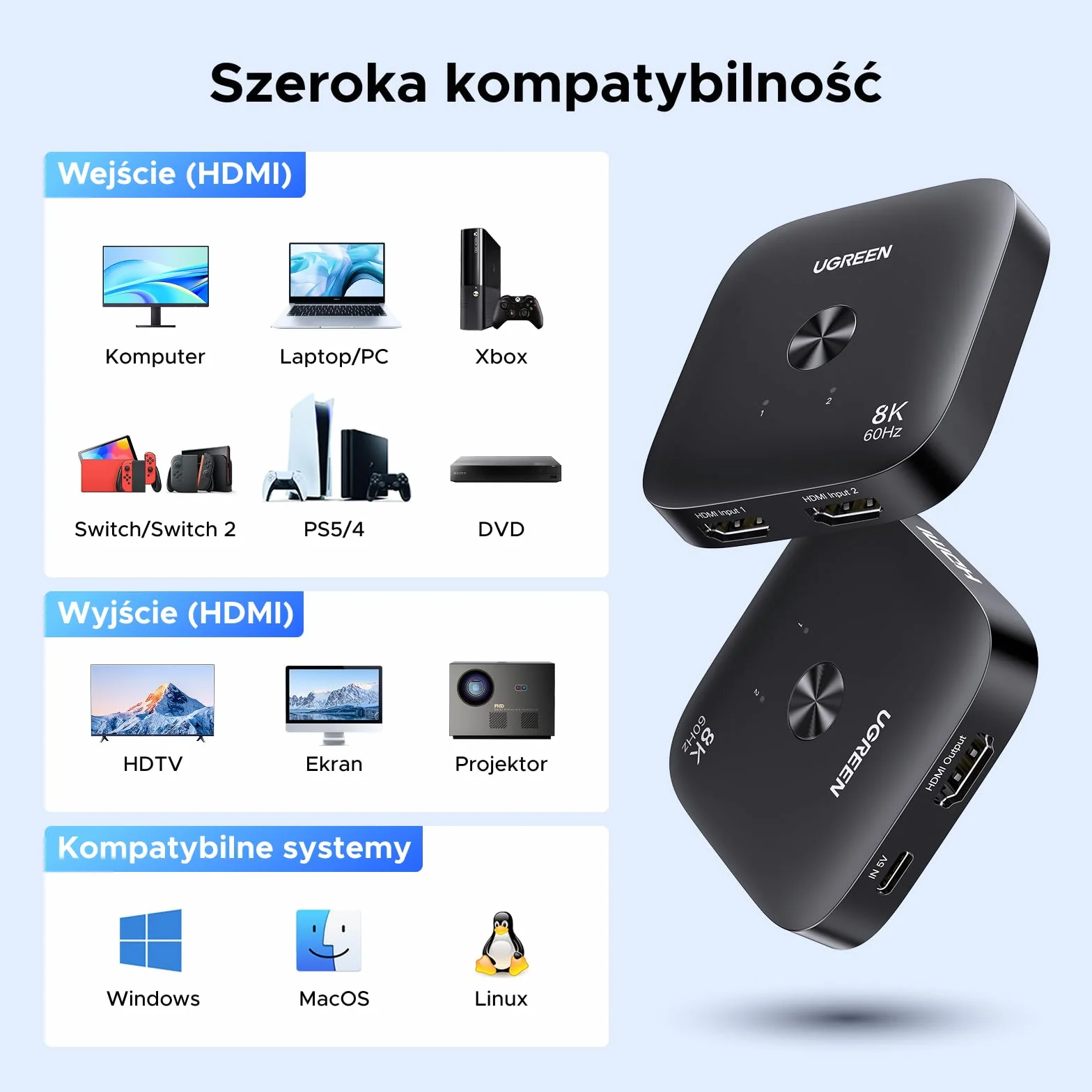 UGREEN HDMI Switch 2 In 1 Out 8K60Hz 4K240Hz 120Hz Przełącznik do PC PS5 Xbox