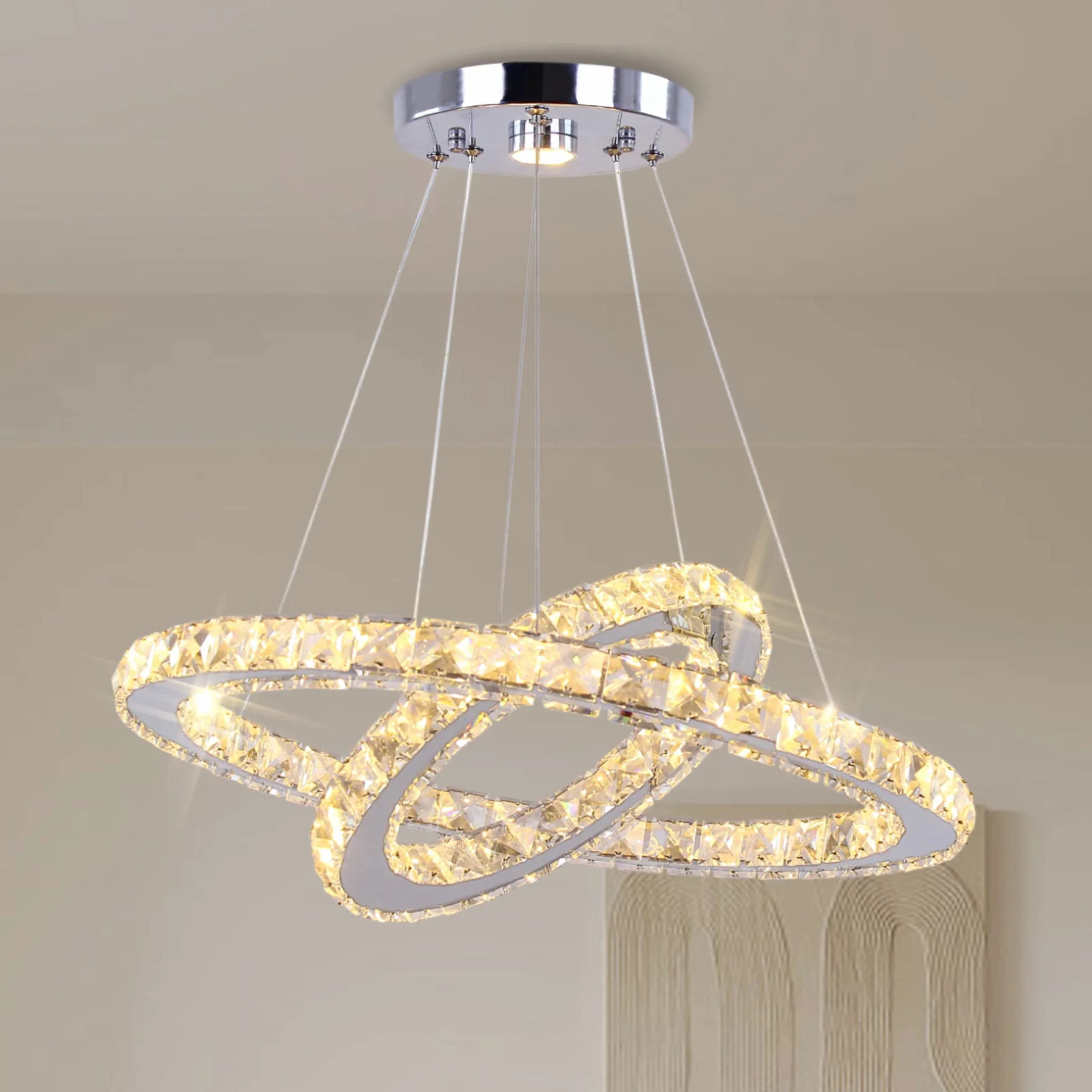Finktonglan Kryształowy żyrandol LED, 2 pierścienie (Ø 30 i 50 cm), lampa wisząca z regulacją wysokości, ciepła biel 3000 K, 50 W LED, stal nierdzewna/kryształ K9, do salonu i jadalni